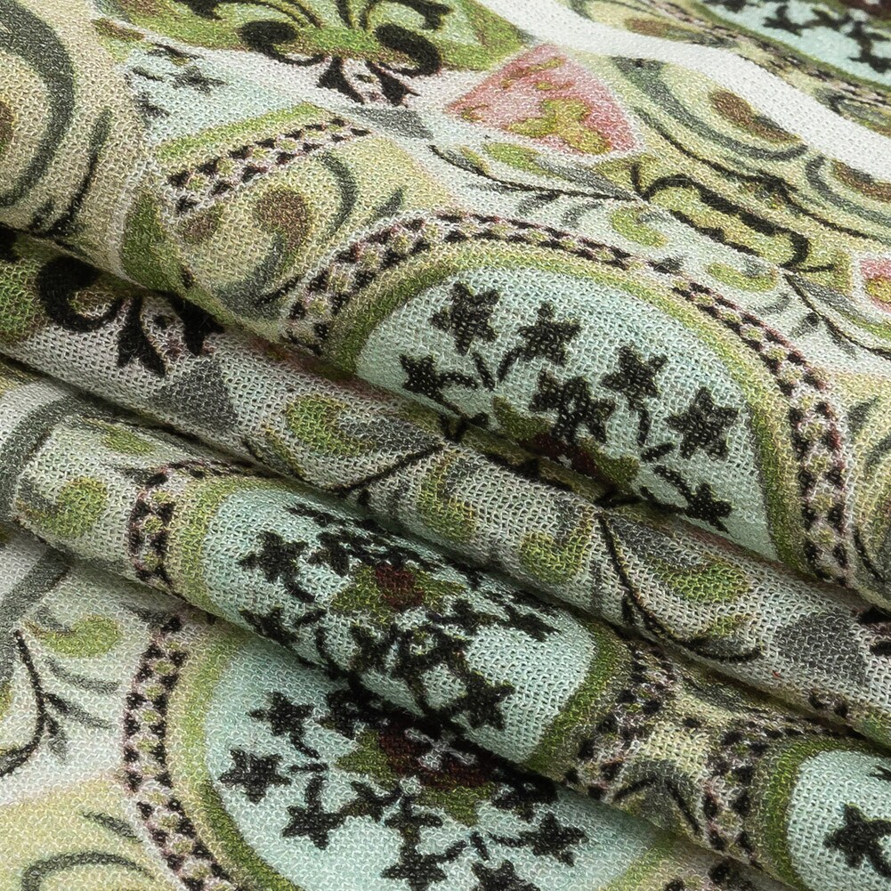1 Yard Gauzy Wrinkled Rayon Woven Fabric Soft Green Ornate Patchwork Arabesco 53 inch Width