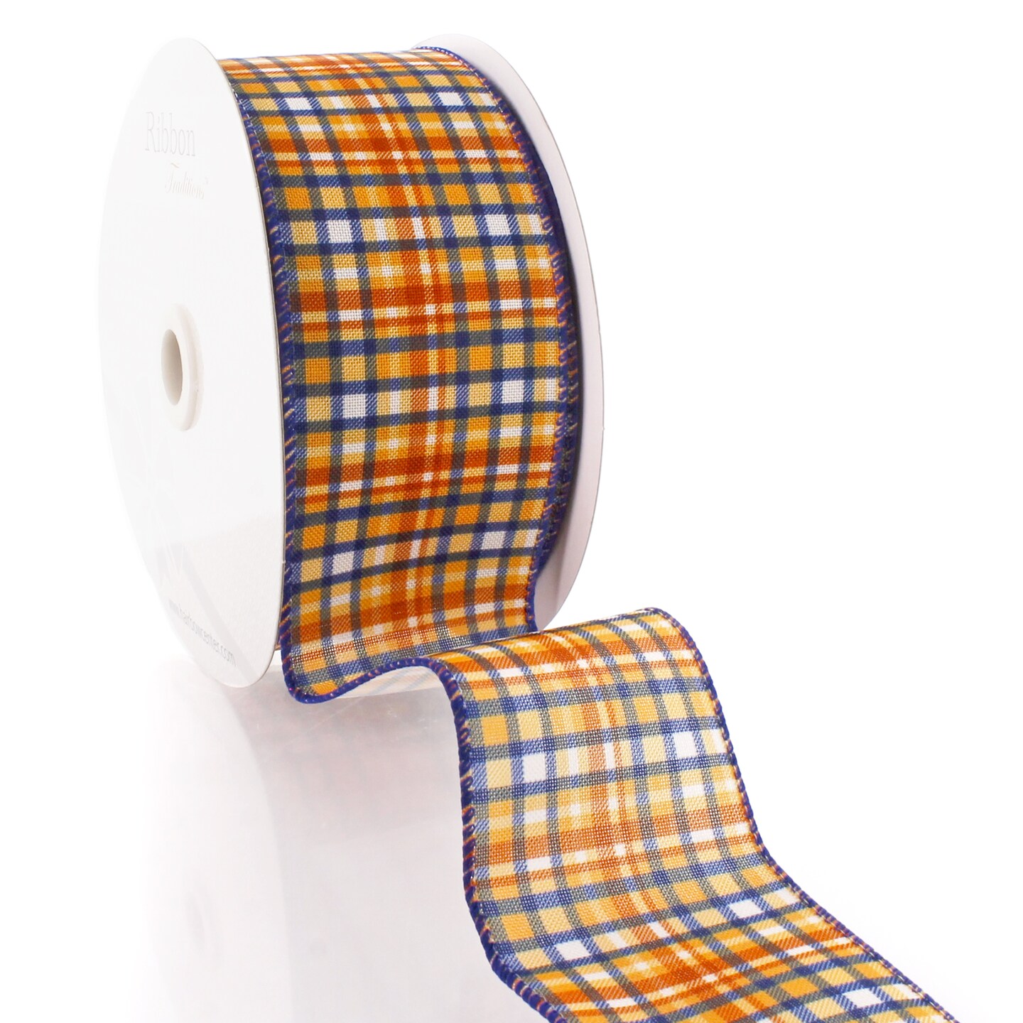 2 1/2&#x22; Wired Ribbon Fall Plaid Gold/Navy/Rust Orange 25 Yards