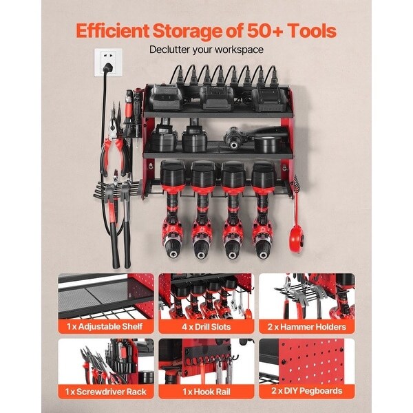 3-Tier Wall Hanging Tool Rack with Built-In 8-Outlet Power Strip and Adjustable Middle Shelf