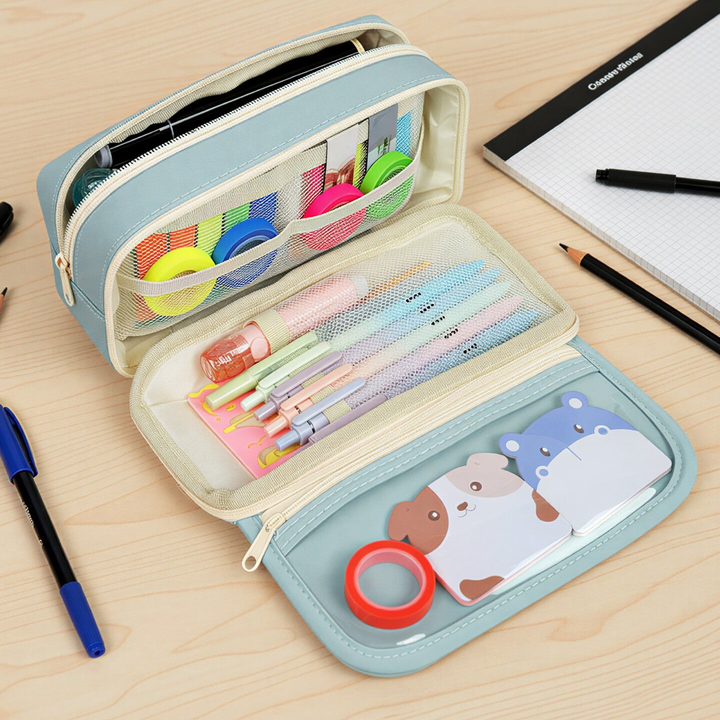 Wrapables 9-Layer Large Capacity Pencil Case with Transparent Compartment, Organizer Pouch for Stationery Tools, Makeup, and Travel, Blue