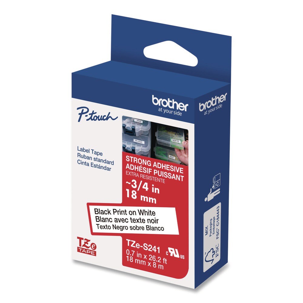 Brother P-Touch 0.7 in. x 26.2 ft. TZe Extra-Strength Adhesive Laminated Labeling Tape - Black on White