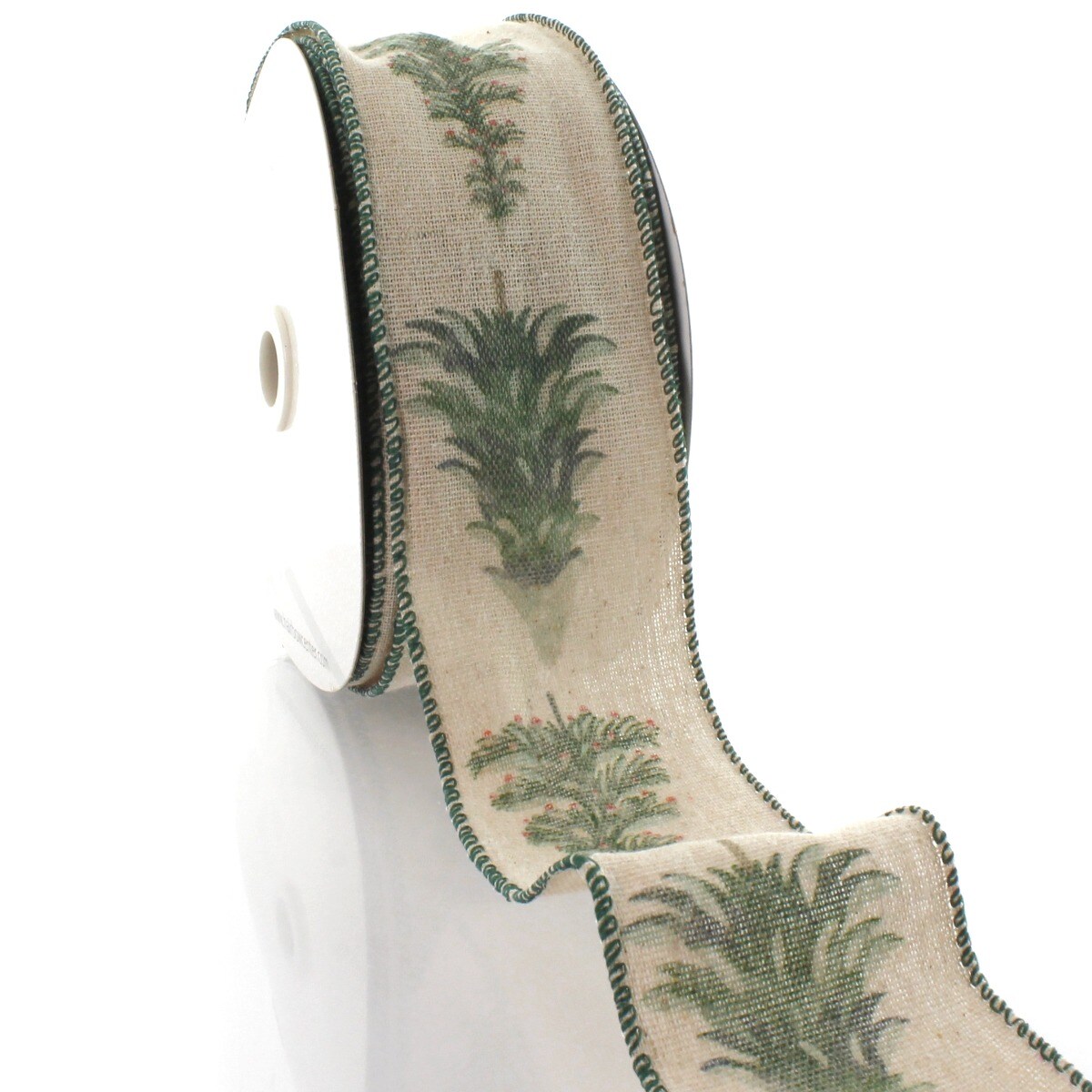 2 1/2" Wired Ribbon Watercolor Winter Snowy Trees Burlap 25 Yards