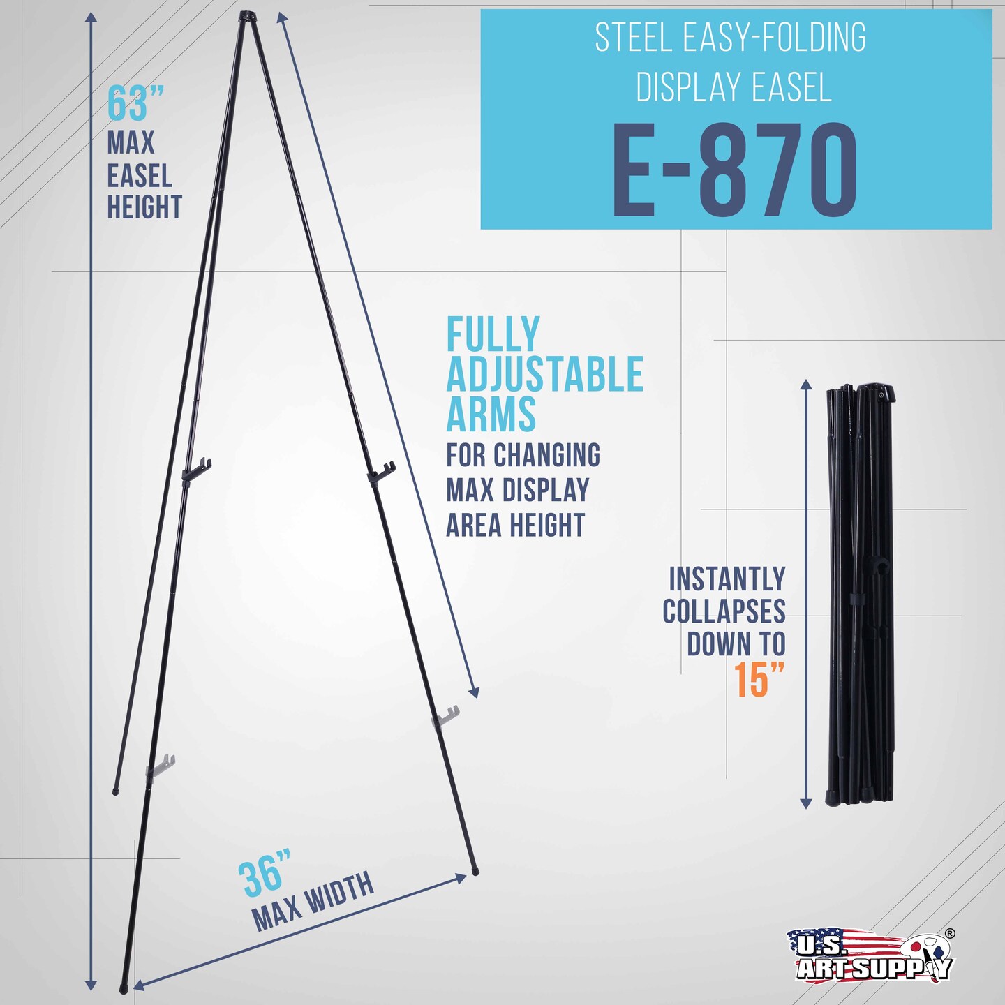 U.S. Art Supply 63&#x22; High Metal Folding Display Easel - Adjustable Height, Instantly Collapses, Holds 5 lbs - Portable Art Easel Stand - For Sign, Poster, Canvas, Painting, Picture Display