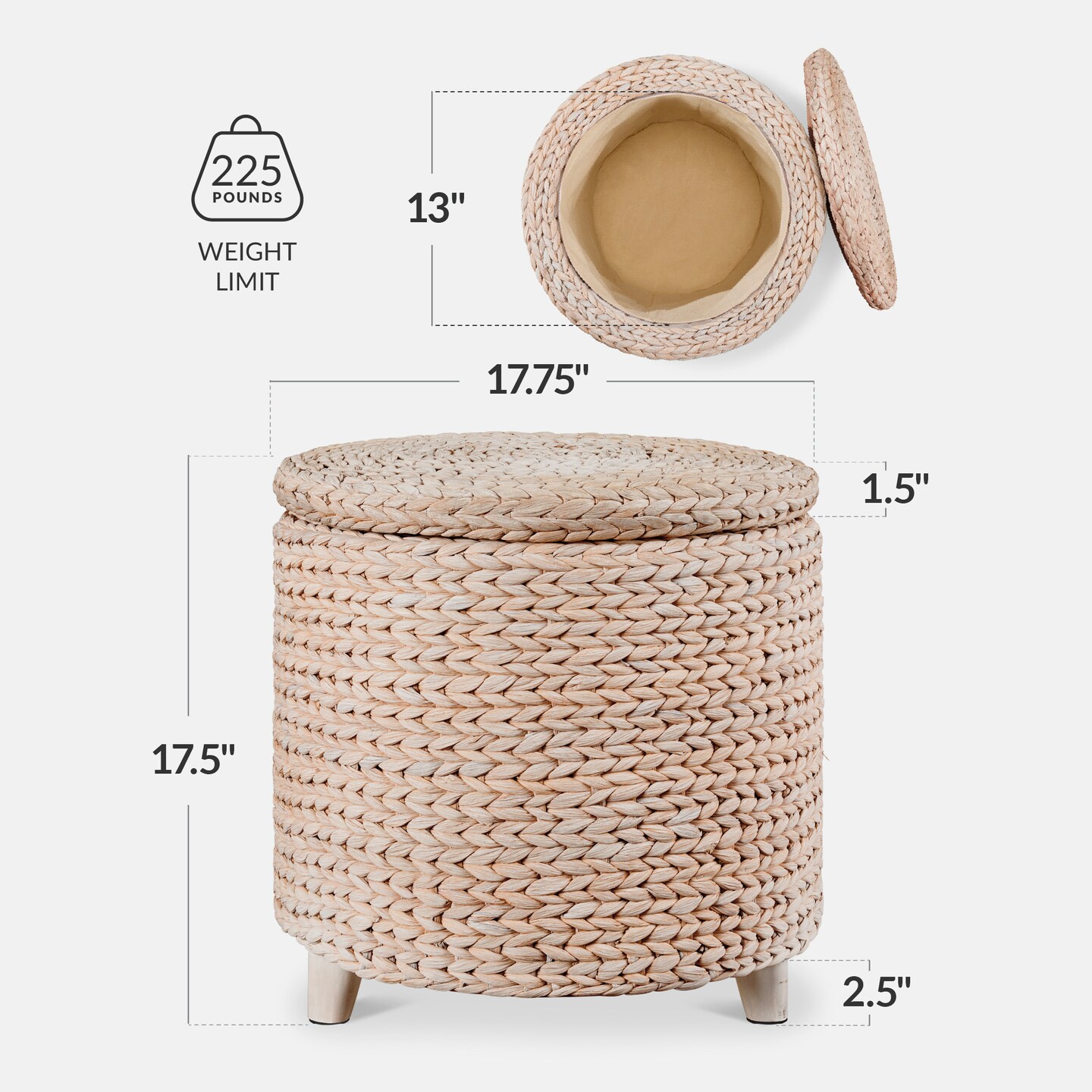 Best Choice Products 17 Round Storage Ottoman with Lid – Handwoven Water Hyacinth Modern Footstool"