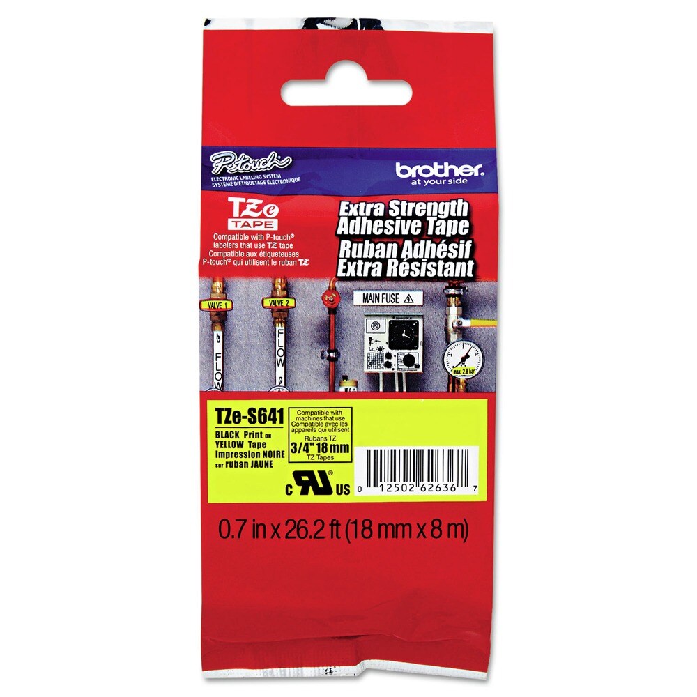 Brother P-Touch 0.7 in. x 26.2 ft. TZe Standard Adhesive Laminated Labeling Tape - Black on Yellow