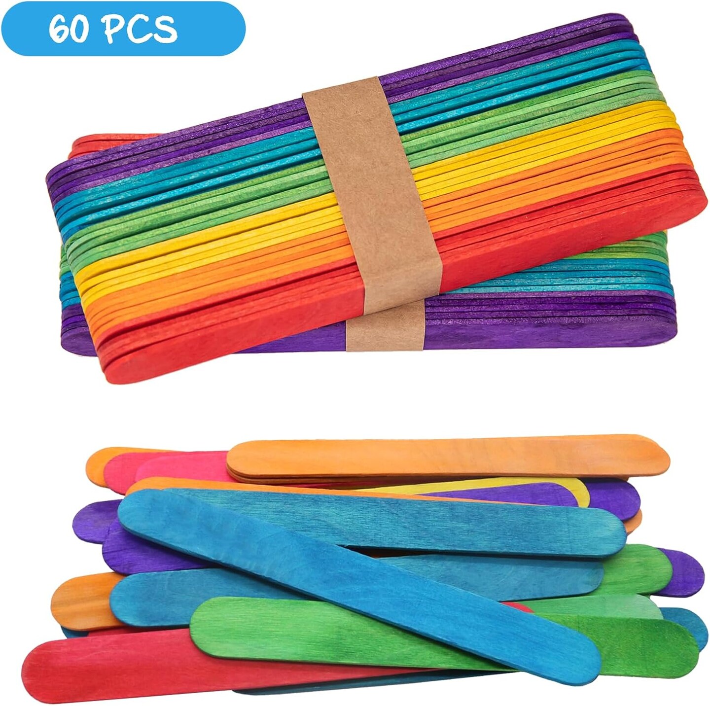 60 Colored Jumbo Wooden Craft Sticks – 6” Rainbow Popsicle & Lollipop Sticks for DIY & Art Projects