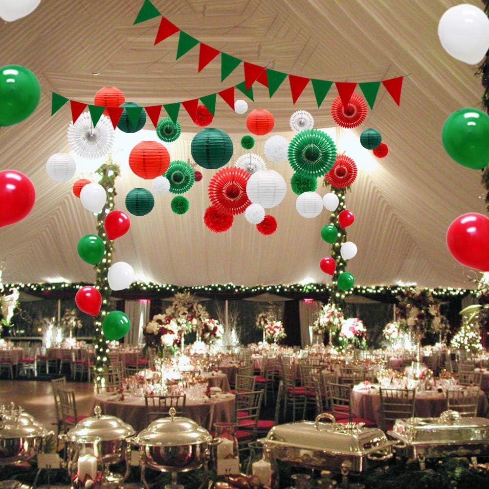 Red Green White Christmas Fiesta Brands Mexican Italian Party Decorations Paper Fans Lanterns Flower Pom Poms Felt Pennant Balloons for Graduations St. Patrick&#x27;s Day Birthday Baby Shower