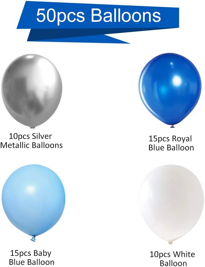 Blue Silver White Latex Balloons, 50pcs 12 inch Royal Blue and Silver Metallic Balloons for Birthday Wedding Party Decoration