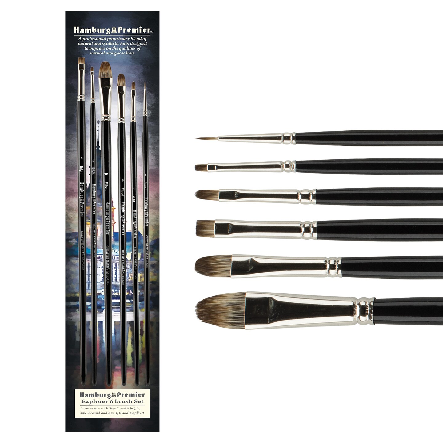 Creative Mark Hamburg Premiere Professional Oil Painting Brushes - Explorer Set of 6 Assorted Oil Paint Brushes - Handmade in Germany, Natural &#x26; Synthetic Blend, Long Triple-Lacquered Birch Handle