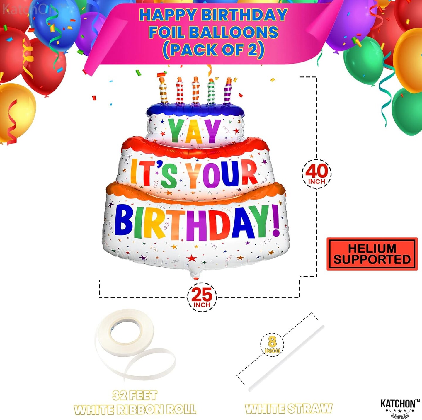 Giant Happy Birthday Balloon - 40 Inch, Pack of 2 | Happy Birthday Printed Balloons | Yay Balloon for Happy Birthday Decorations | Happy Mylar Birthday Balloons, Rainbow Birthday Decorations