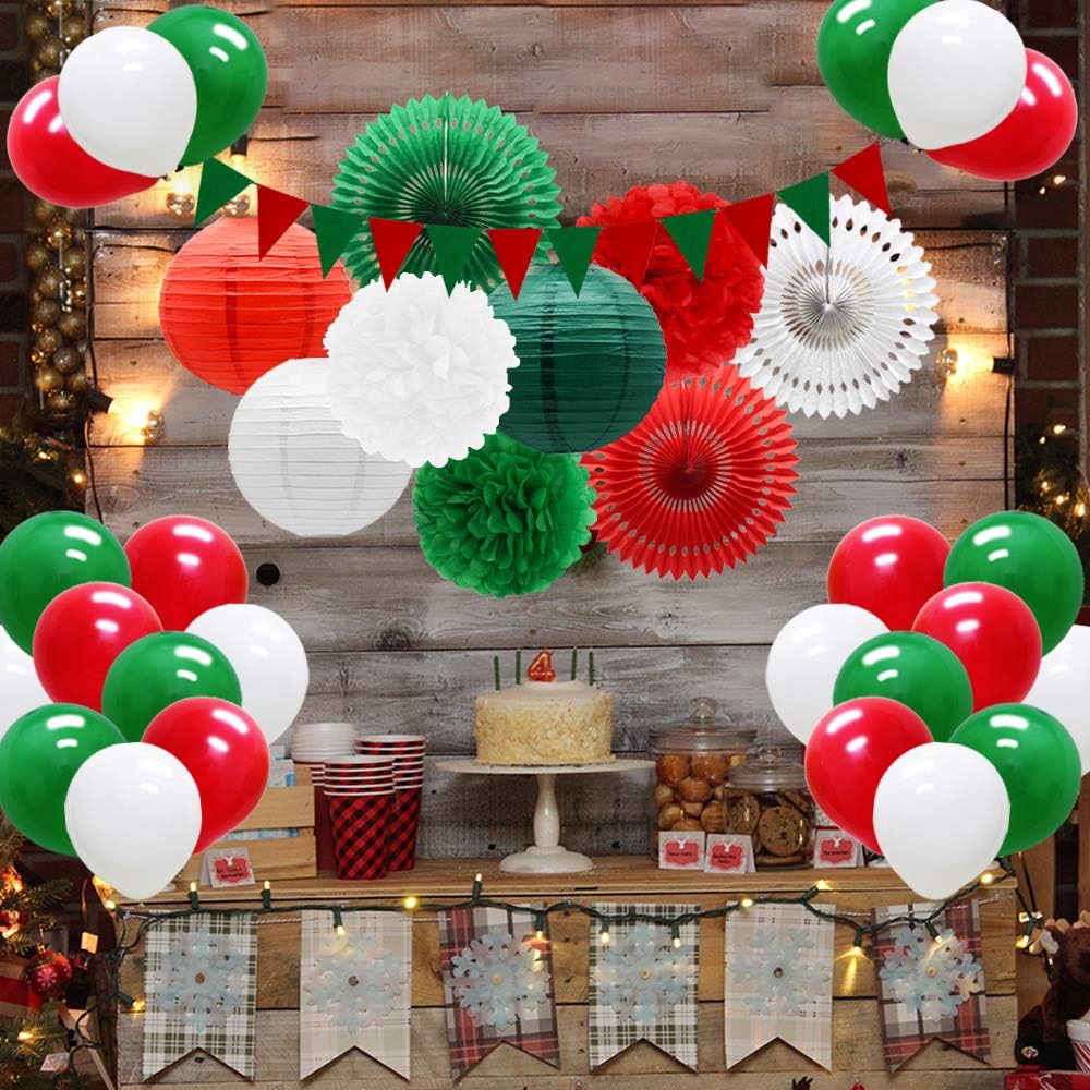 Red Green White Christmas Fiesta Brands Mexican Italian Party Decorations Paper Fans Lanterns Flower Pom Poms Felt Pennant Balloons for Graduations St. Patrick&#x27;s Day Birthday Baby Shower