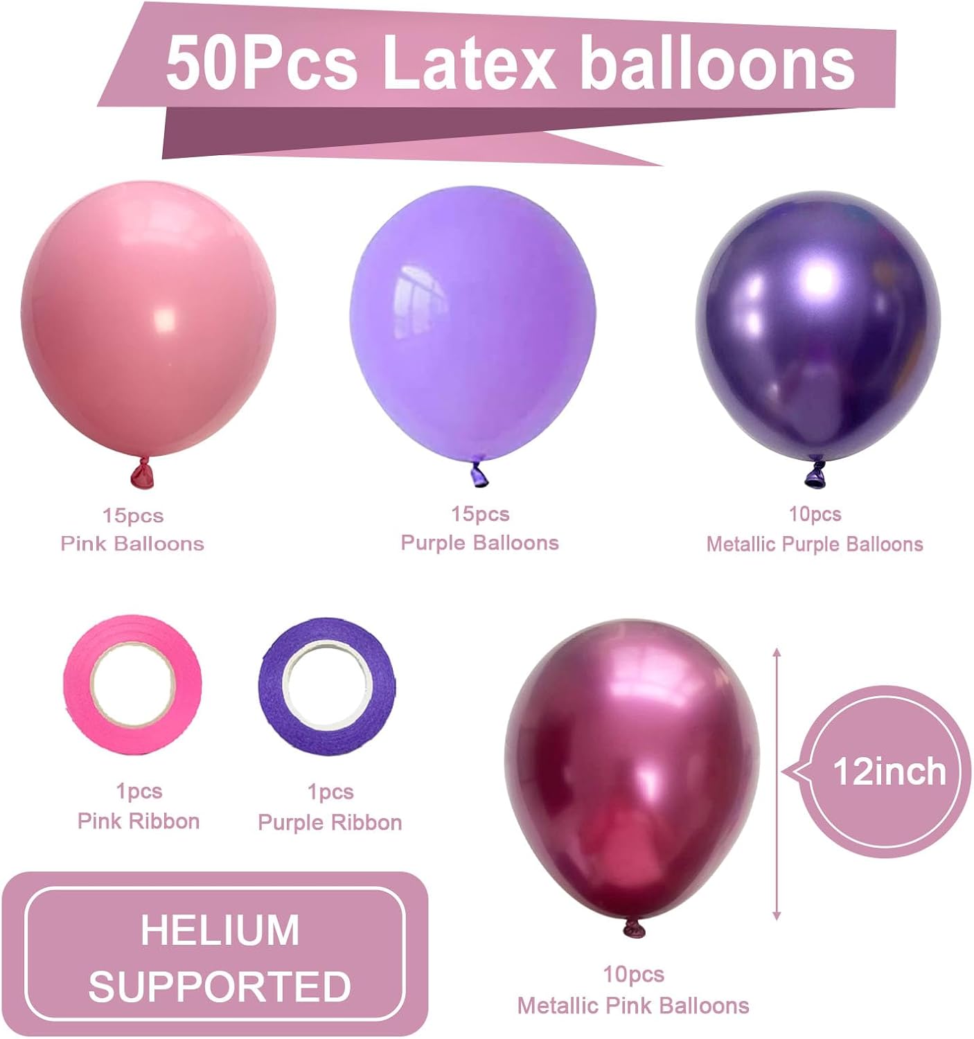 Pink and Purple Party Balloons, 50Pcs 12 Inch Purple Pink Balloons, Metallic Pink Purple Latex Balloons Birthday Party Balloons for Girls Birthday Baby Shower Wedding Party Decorations