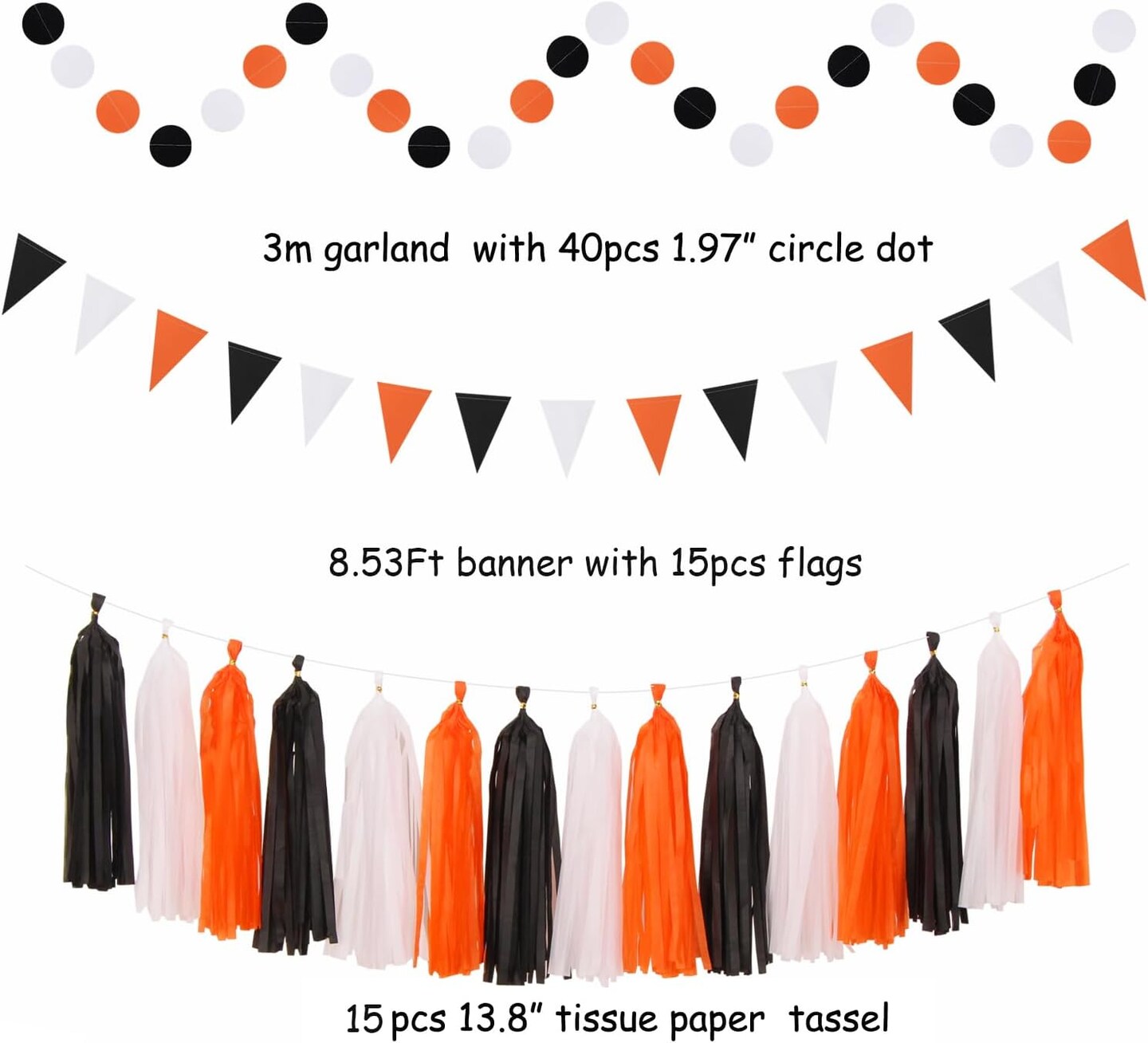 Black White Orange Halloween Party-Decorations - 33pcs Birthday Banner,Streamers Tassel Garland,Paper Lantern Fans,Tissue Pom Poms,Bachelorette Baby Bridal Shower Graduations Backdrop Decor