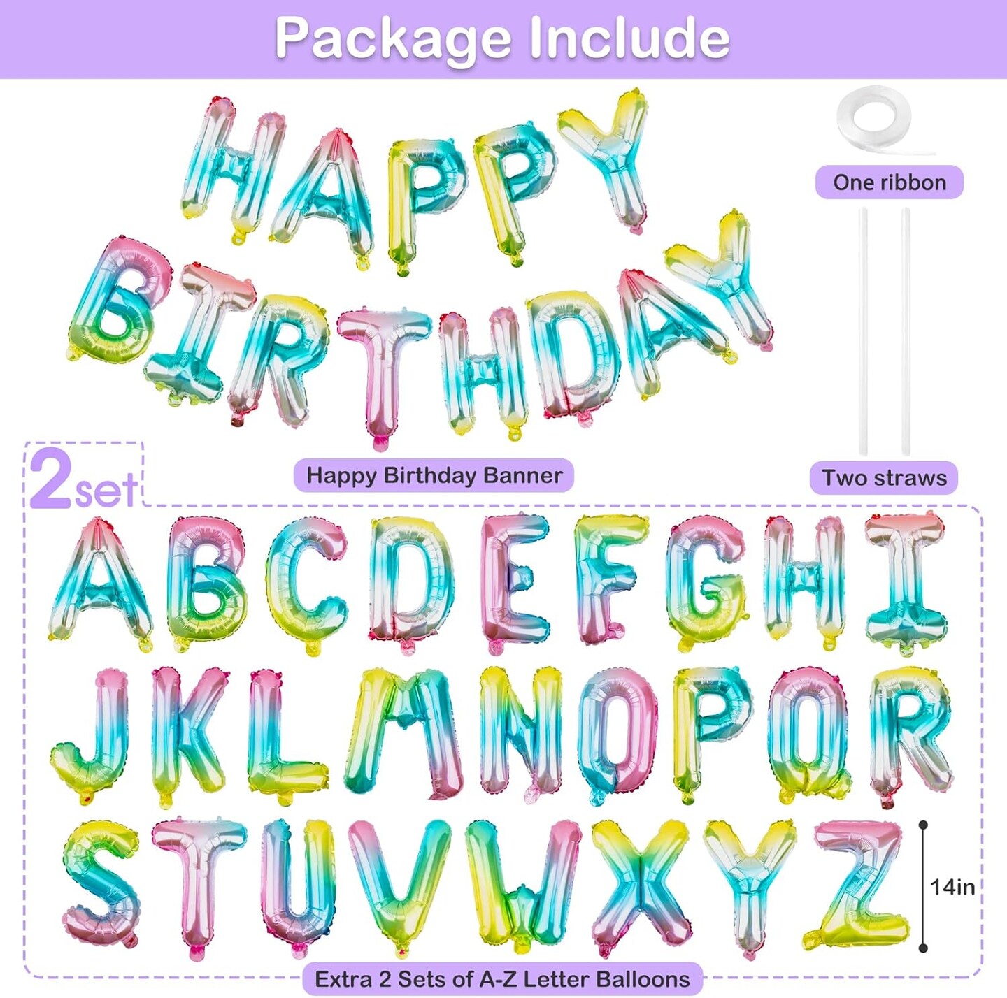 Personalized Name Happy Birthday Banner - Happy Birthday Balloon Letters Balloons 2 Sets A- Z 16&#x27;&#x27; Mylar Foil Birthday Party Decorations for Kids, Women, Men, Colorful