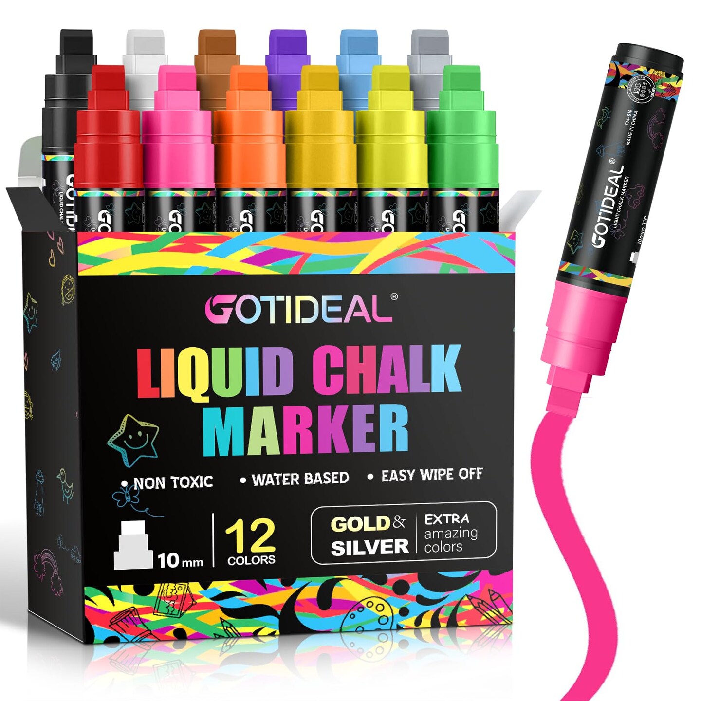 Window Markers, Jumbo Chalk Markers for Blackboard, Washable Car Marker for Chalkboard,Glass Mirrow,10mm Thick Tip12 Colors With Metallic Colors