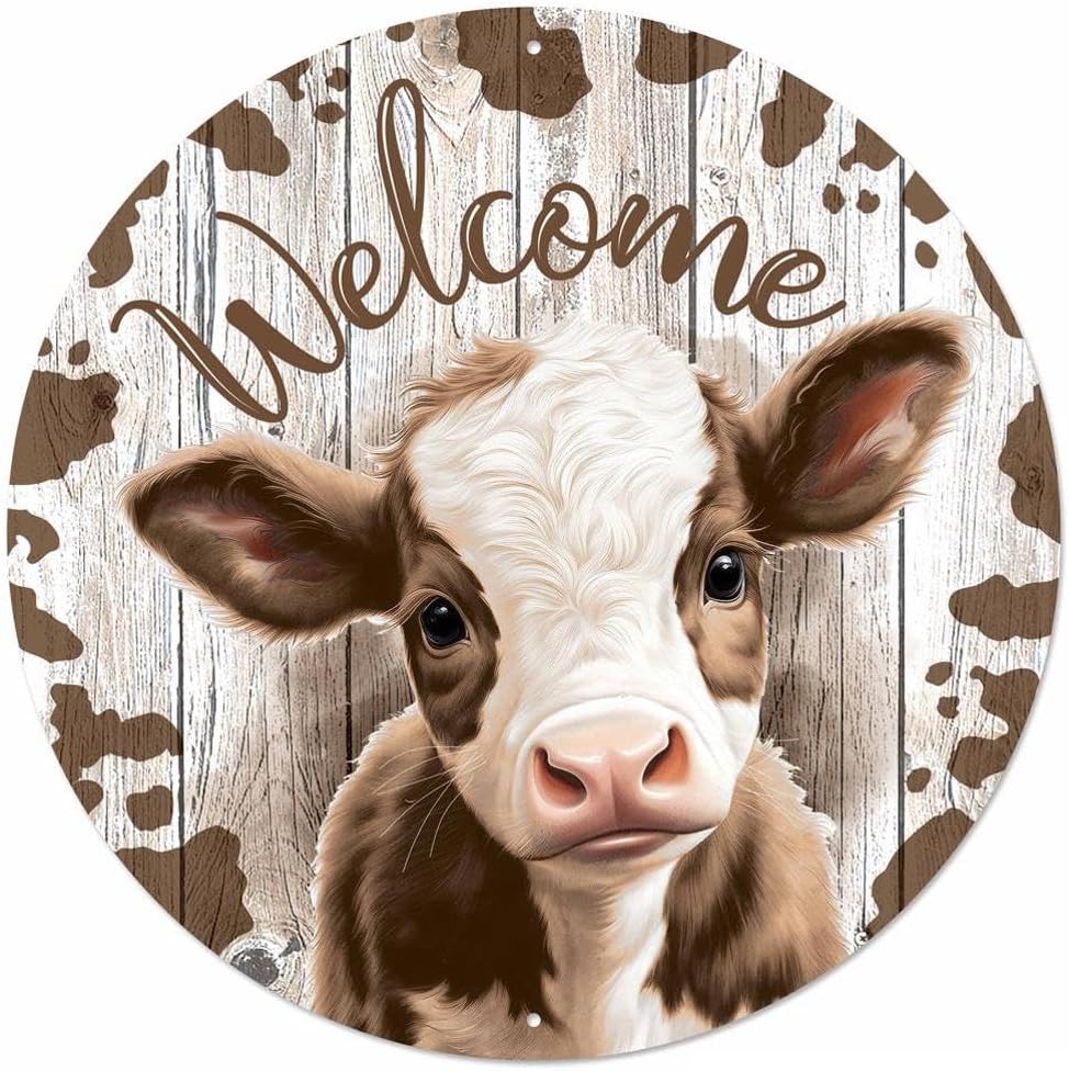 Baby Cow / Calf 12" Wreath Sign - Round Center Metal Plate - For Spring and Summer Decorations