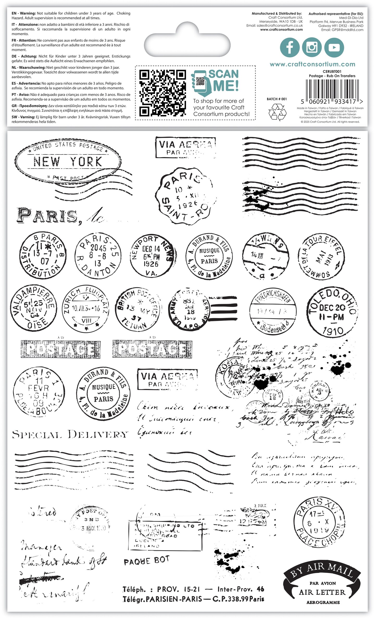 Craft Consortium Rub On Transfers for Crafts - 2 Sheets, Assorted Decorative Postage Decals for Scrapbooking, Card Making, Paper Crafts