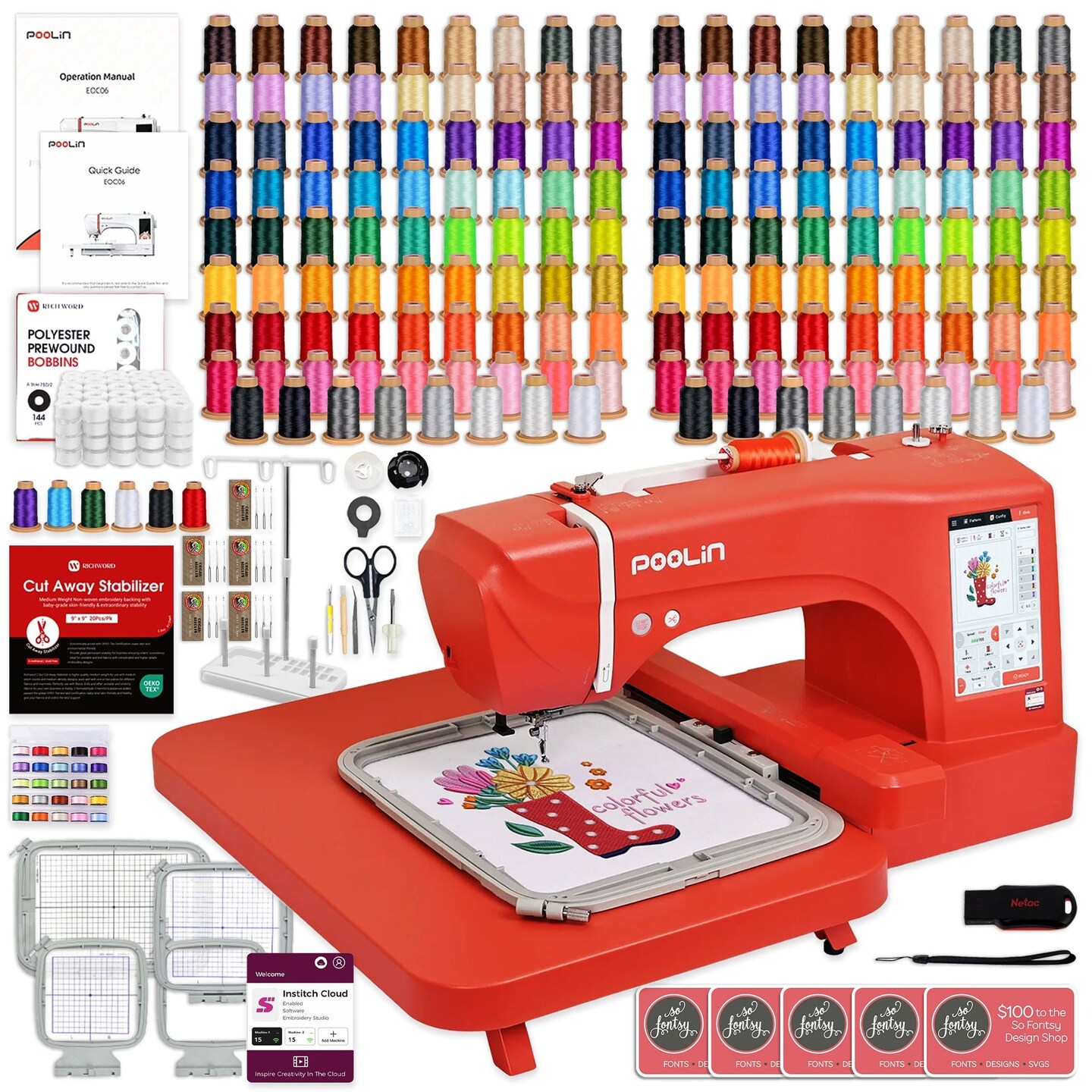 POOLIN EOC06 7.9in x 11in Embroidery Machine & 166 Thread Spool Bundle - Red
