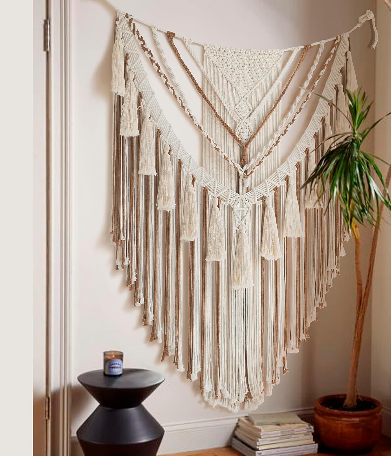 Large Macrame Wall Hanging 47&#x22; Wx 55&#x22; L Brown Macrame Wall Decor Boho Panels Handmade Yarn Wall Art Living Room Bedroom Home Decor