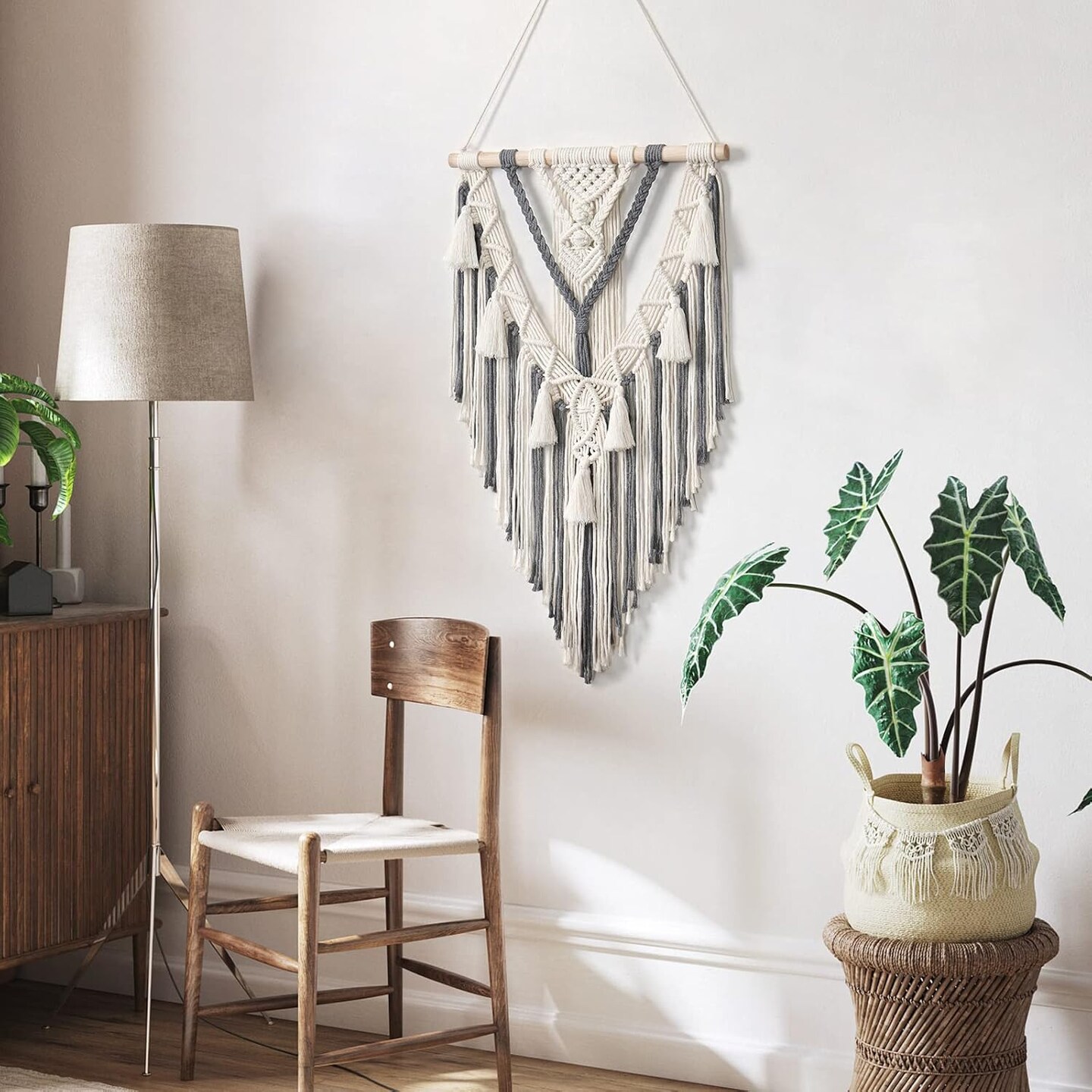 Macrame Woven Wall Hanging Boho Geometric Woven Tapestry Beige &#x26; Grey Cotton Handmade Bohemian Art Decor with Tassel Craft Ornament for Bedroom Living Room Apartment Nursery (Grey)