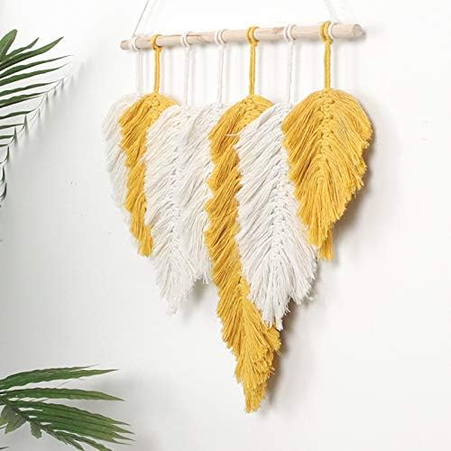 Handmade Macrame Wall Hanging Feather Boho Wall Decor Yellow Chic Woven Leaf Tassels Decoration Cotton Ornaments Tapestry Room Decor For Bedroom Living Room Apartment Porch Gifts for Teen Girl Women