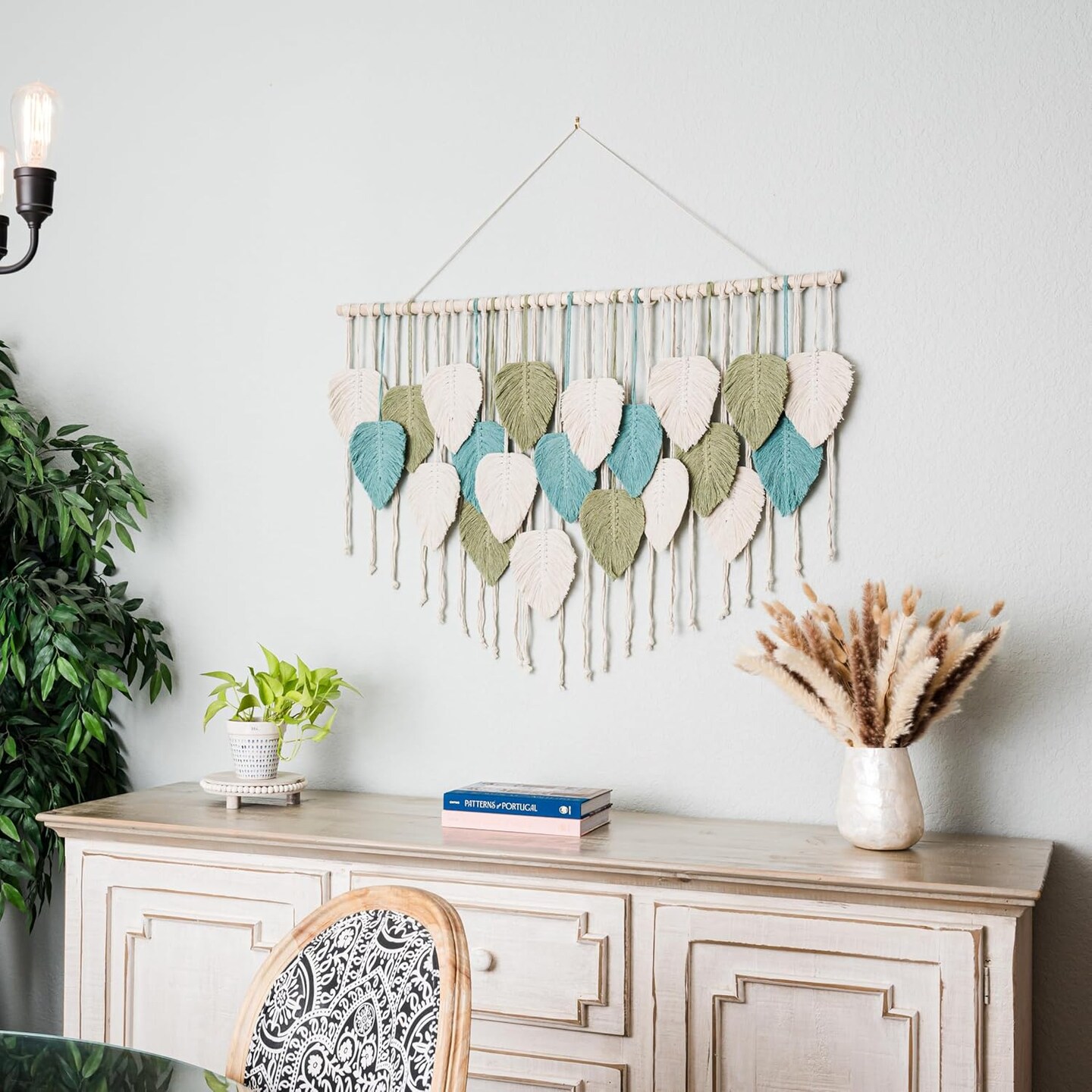 Large Macrame Wall Hanging Leaves - Chic Bohemian Handmade Woven Tapestry Wall Hanging Leaf Wall Art, Feather Boho Wall Decor for Living Room Nursery Bedroom, 39"W X 31"L (Sage Green, Green, Beige)