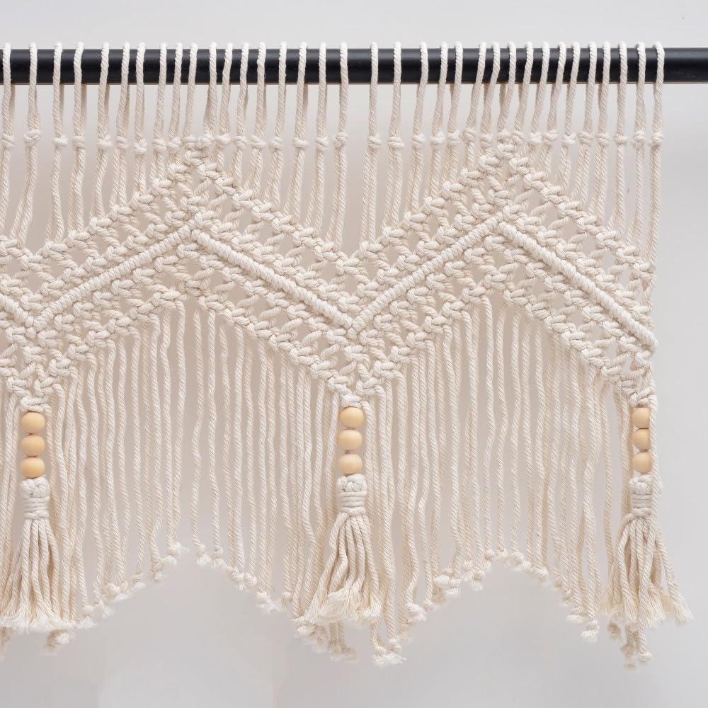 Boho Macrame Valance Curtain – 1 Panel Window Treatment, 52" W x 21" L, Handmade Bohemian Wall Hanging for Bedroom or Living Room Decor
