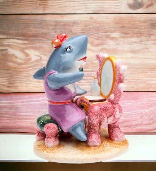 Ceramic Shark Putting on Makeup Figurine, Gift for Her, Gift for Mom, Home Decor, Vanity Decor, Fashionista Gift