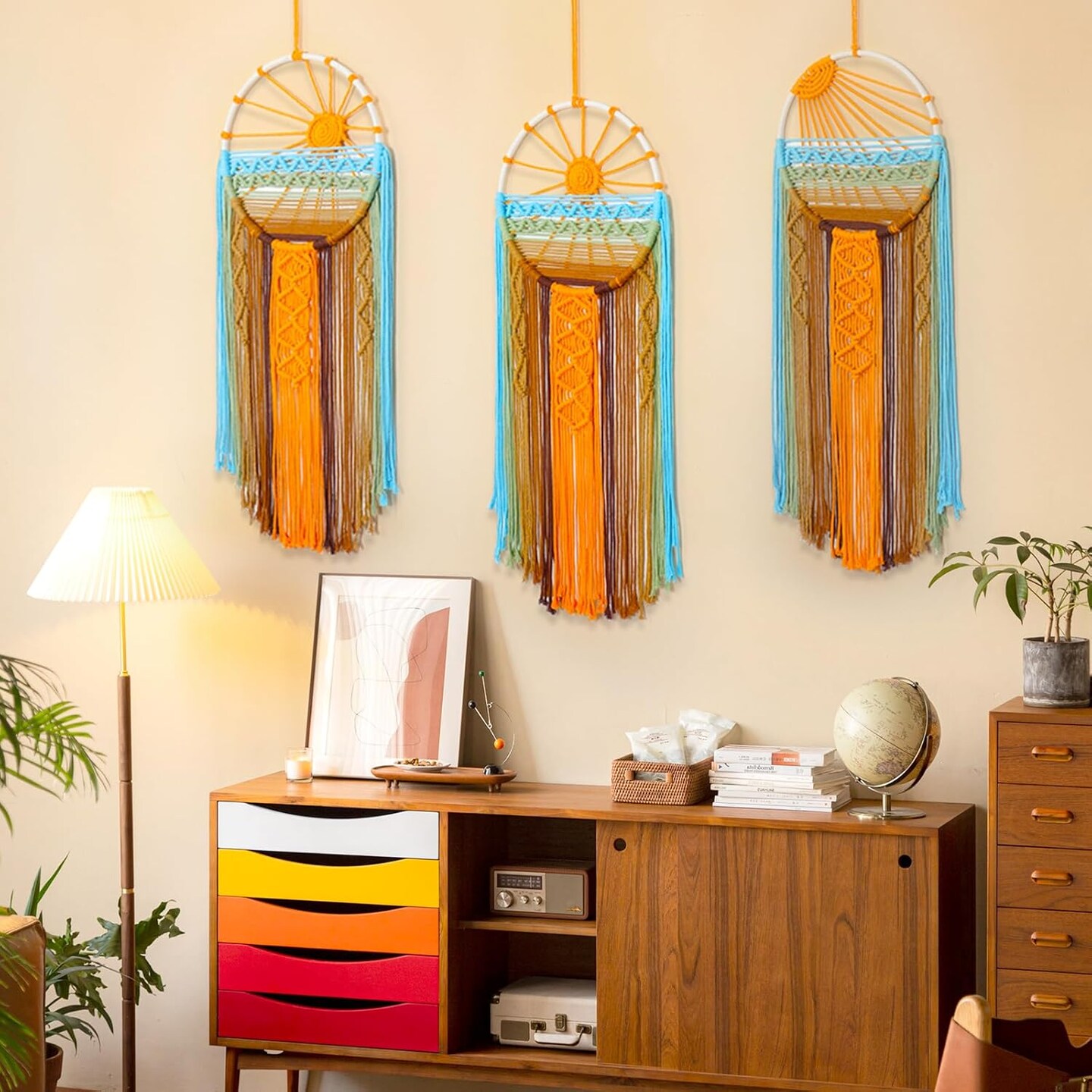 Macrame Wall Hanging Decor Boho Woven Tapestry Sunrise Dream Catcher with Colorful Tassel Sun Macrame Tapestries Wall Art Decor for Bedroom Nursery Living Room