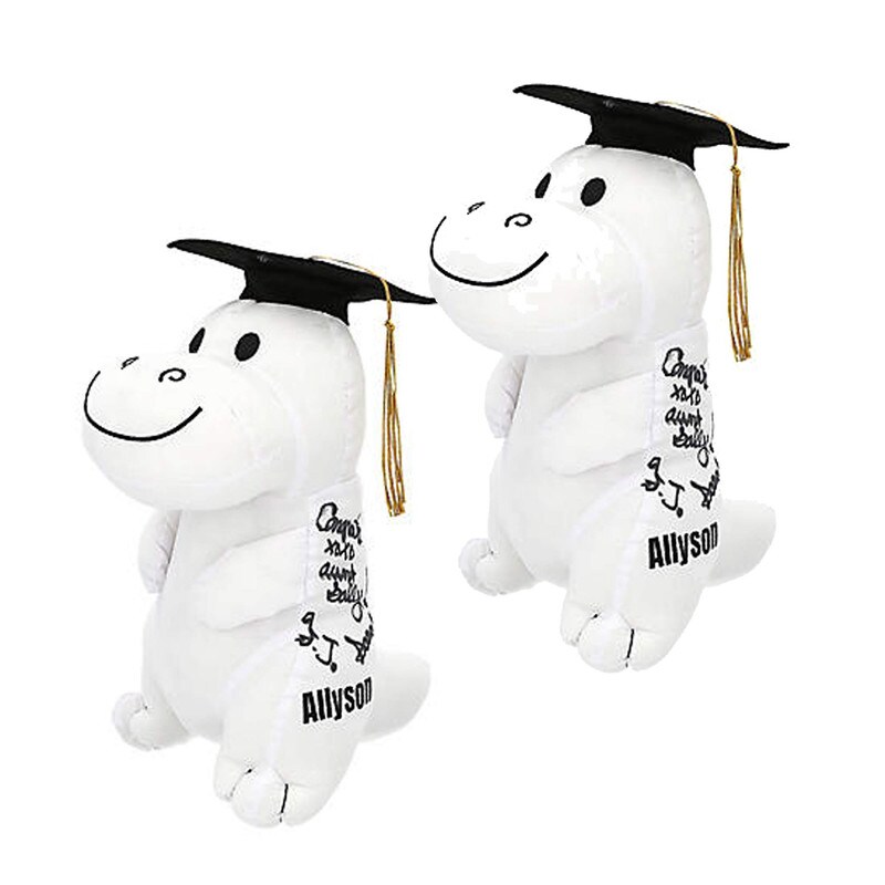 Personalized Graduation Autograph White Stuffed Dinosaur with Cap 6&#x22; x 11&#x22; Graduation Keepsake