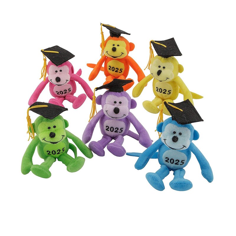 6" Graduation Class of 2025 Neon Multicolor Stuffed Monkeys 12 Pieces