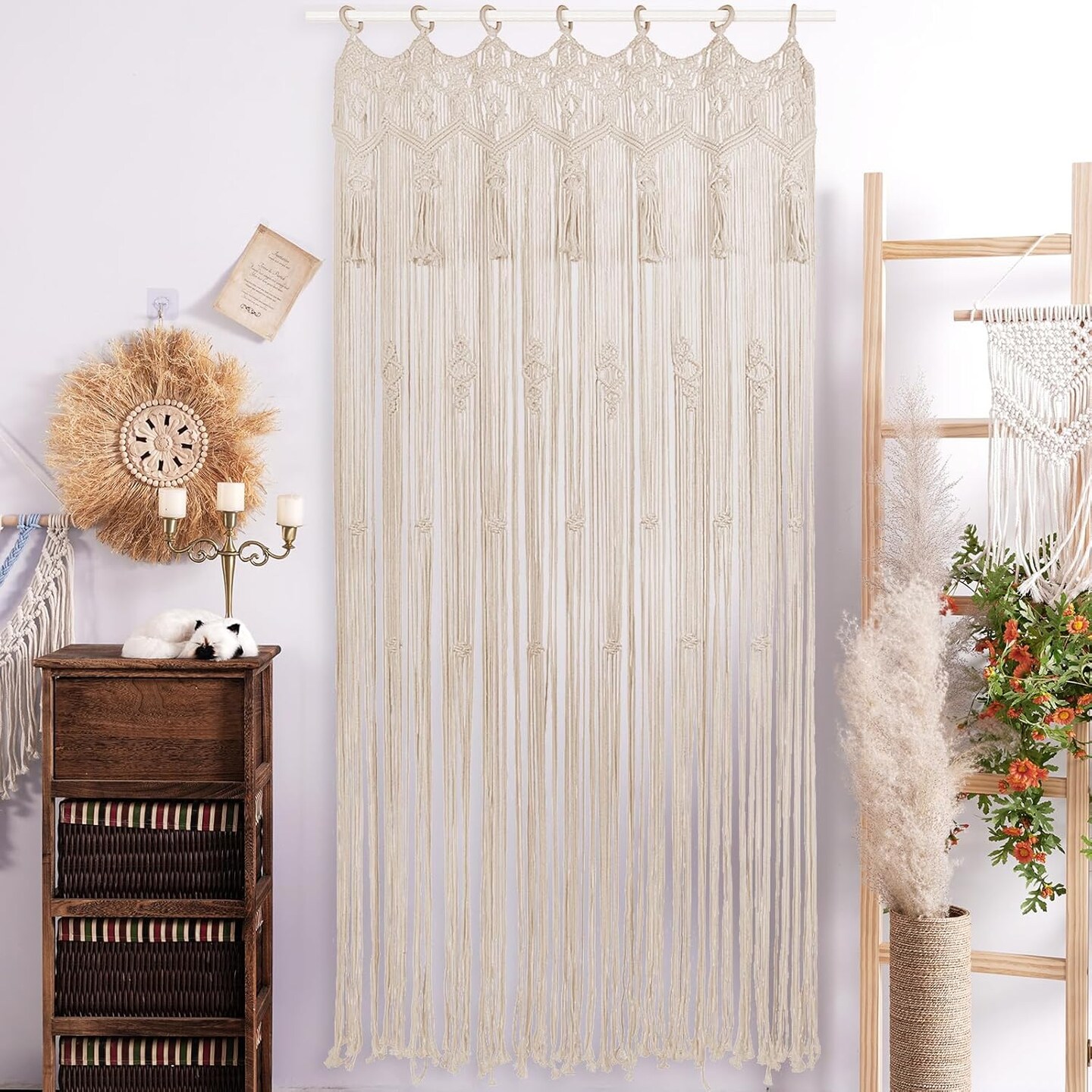 Macrame Curtains 79 x 37 Inch Boho Curtains Backdrop with Tassels Handmade Cotton Macrame Door Wall Hanging Window Curtain for Bedroom Closet Home Wedding Bohemian Decor