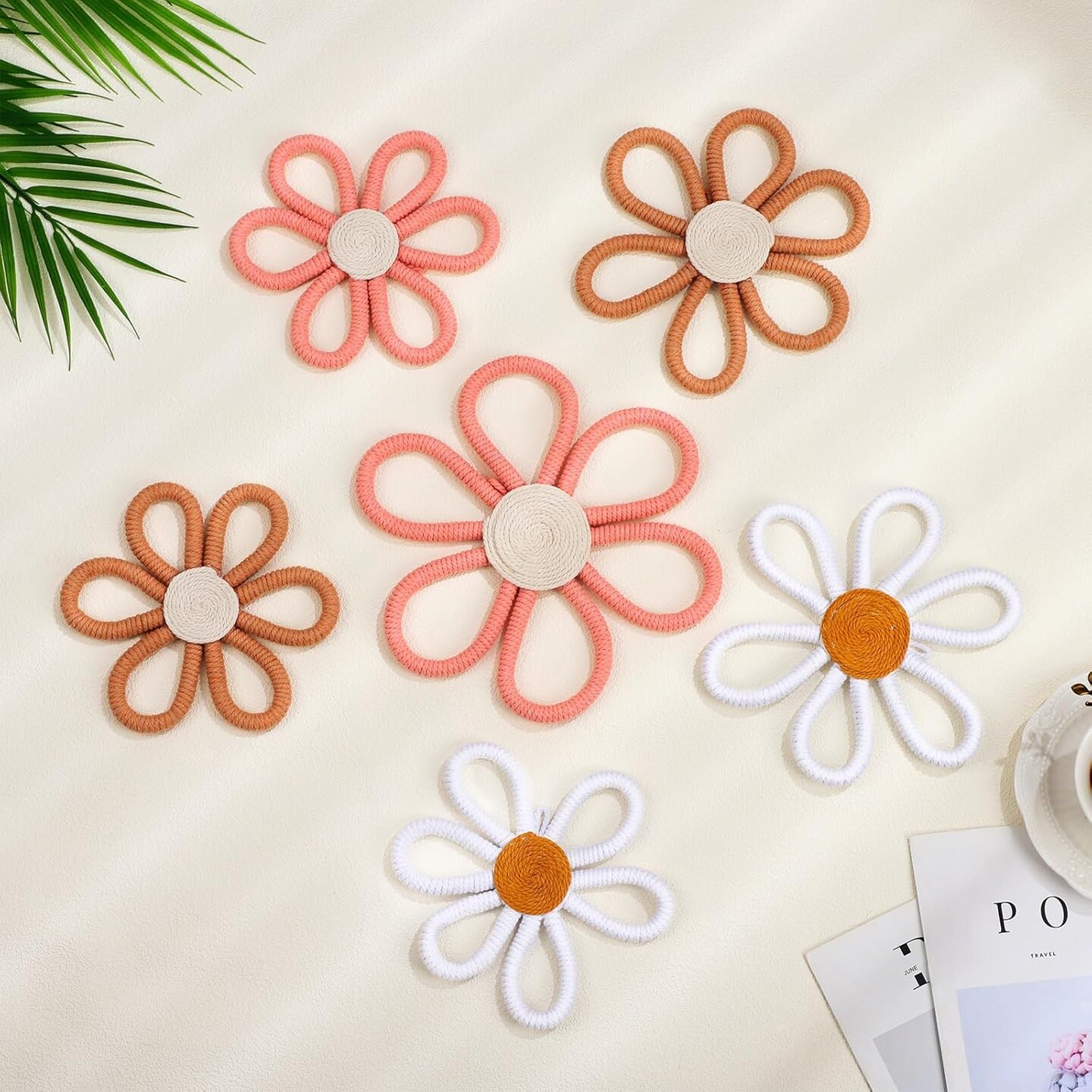 6 Pcs Boho Nursery Decor Daisy Flower Woven Macrame Wall Hanging 3 Size Daisy Flower Wall Decor Bohemian Nursery Decorations for Home Dorm Art(Pink, Brown, White)