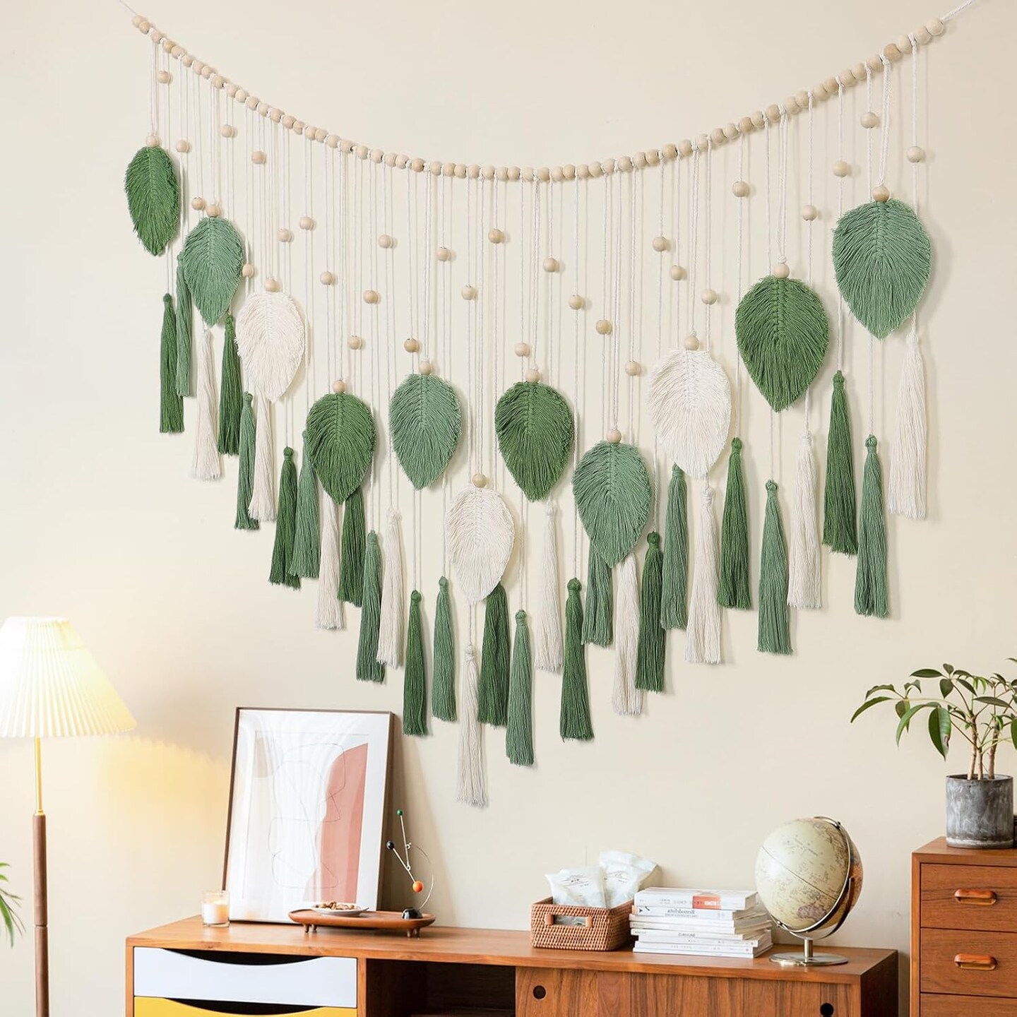 Large Boho Macramé Wall Hanging – Handmade Woven Tapestry with Wood Beads, Leaf & Feather Design in Beige and Green, Chic Bohemian Wall Art for Bedroom, Living Room, Nursery, or Apartment, 51.2" W x 31.5" L