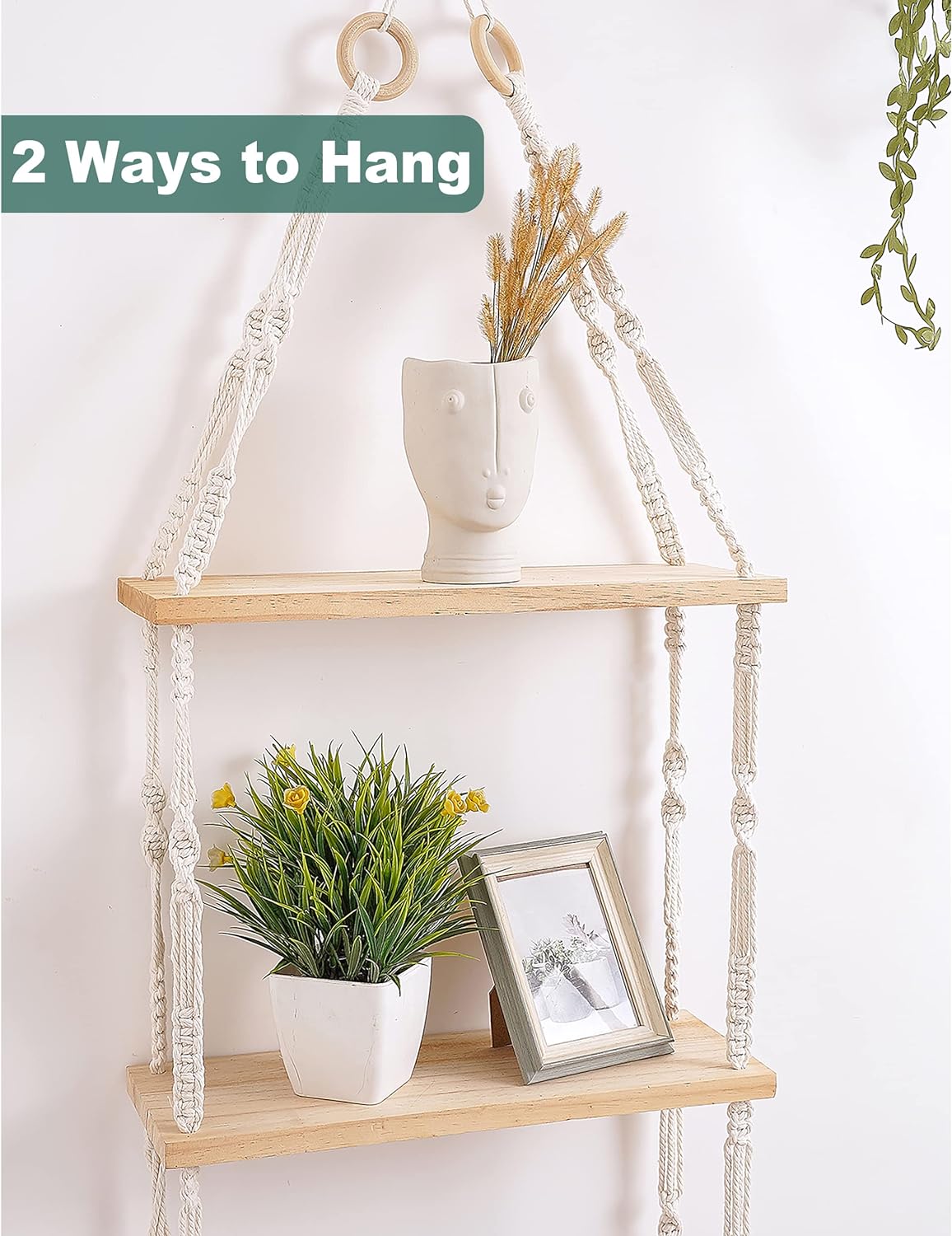 Boho 3-Tier Wooden Plant Shelves - Macrame Wall Hanging Storage for Apartment, Bathroom, Living Room, Bedroom