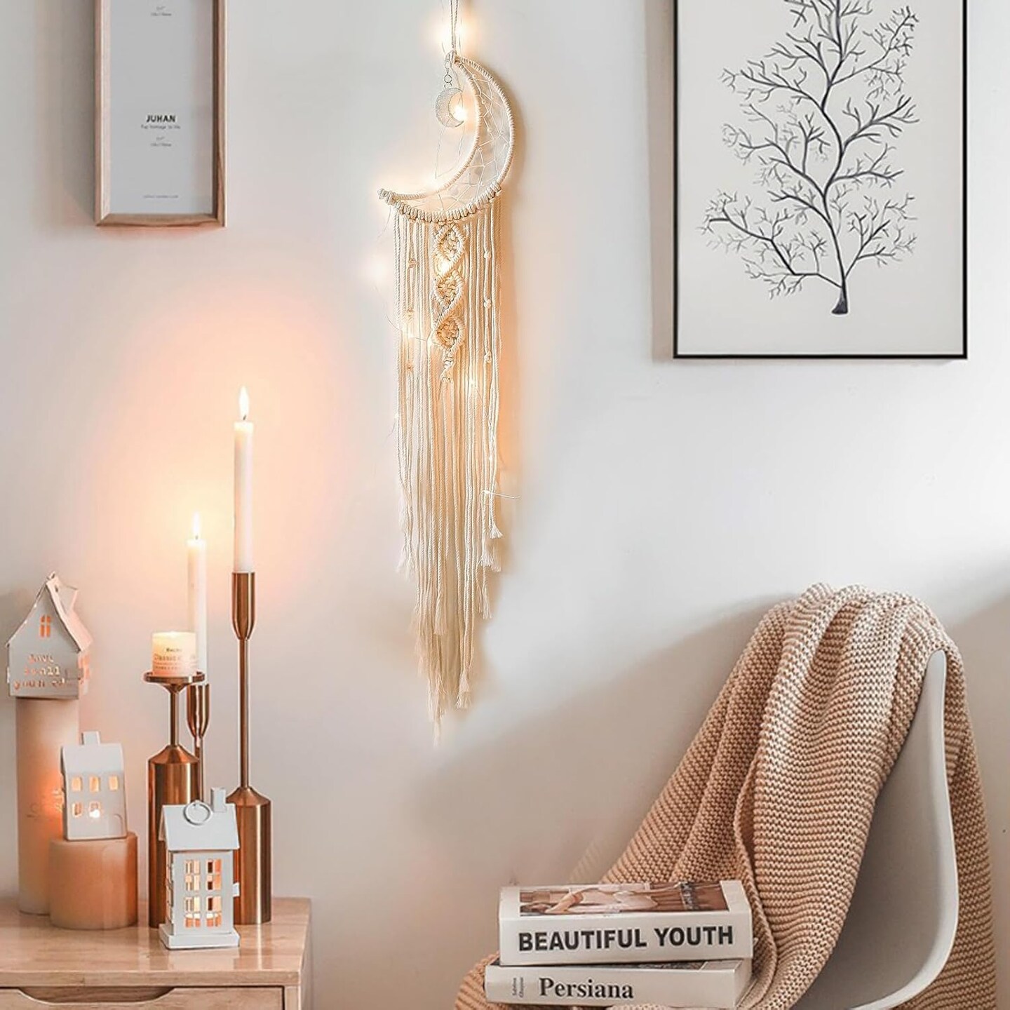 Boho Macrame Woven Wall Hanging, Moon Dream Catcher, Handmade Dream Catchers for Mom, Women, Girls, Woven Wall Hanging Bedroom Decoration (Moon-White)