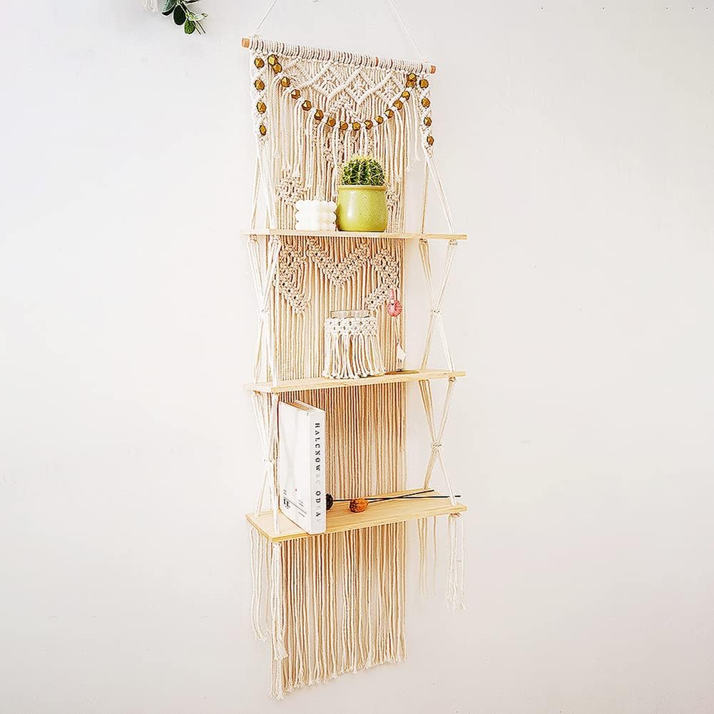 Macrame Wall Hanging Shelf with Enhanced Solid Wood Shelves and Handmade Macrame to Organize Plants and Decor &#x2014; 3 Tier Macrame Shelf Wall Hanging Bohemian Decorative Shelves for Kitchen,Home Storage