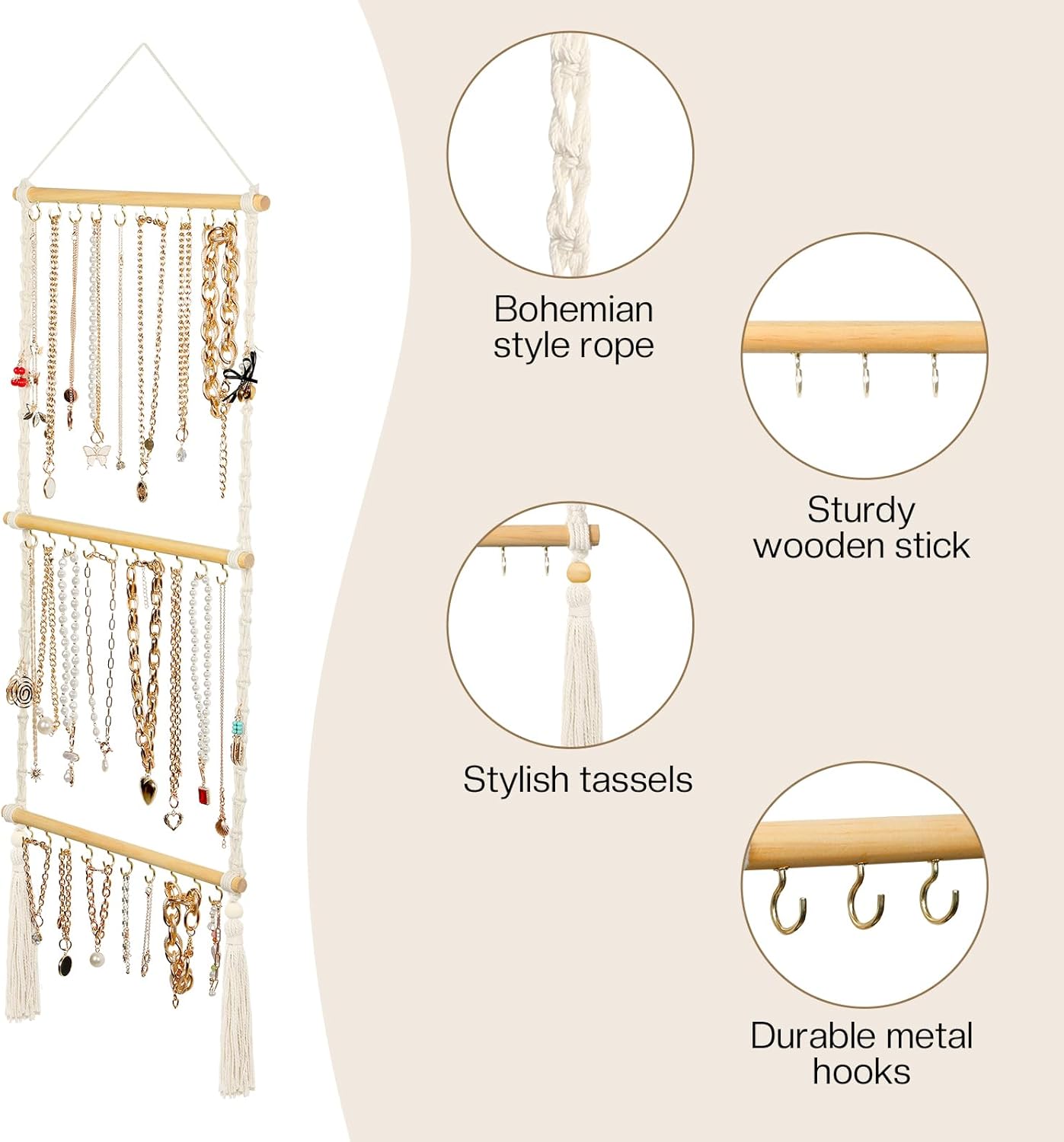 Hanging Jewelry Organizer Macrame Necklace Holder, with 30 Hooks, Over Door Necklace Rack, Wall Mounted Jewelry Hanger with Tassel Boho for Necklace Headband Bow Earring Bracelet