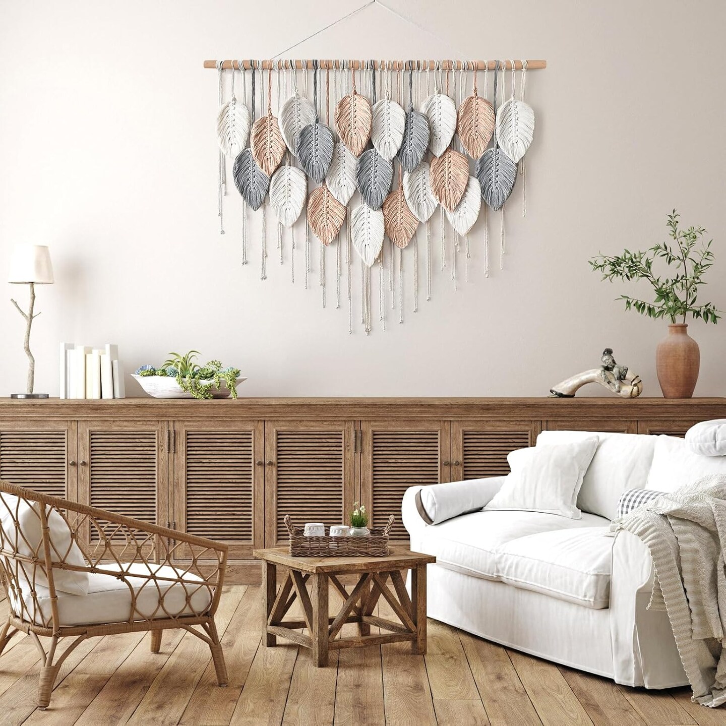 Large Macramé Wall Hanging – Boho Woven Tapestry, Handmade Leaf & Feather Design, Modern Bohemian Wall Art for Apartment, Dorm, Living Room, Bedroom, or Nursery, 39" W x 29.5" L
