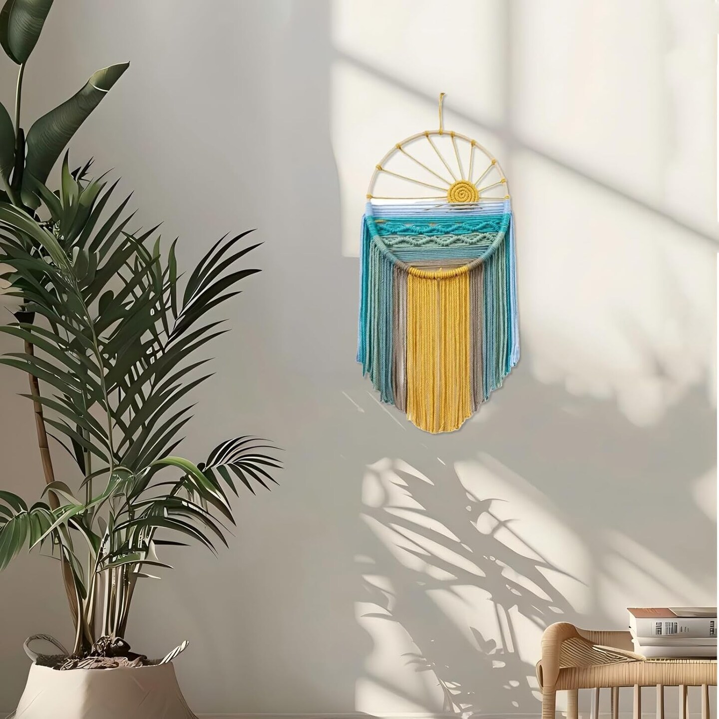 Macrame Wall Hanging Tapestry, Boho Sun Wall Decor, Colorful Hand Dreamcatchers Woven Tapestries for Living Home Room, 23.6&#x22; Lx 11.8&#x22; W (Warm Sun)