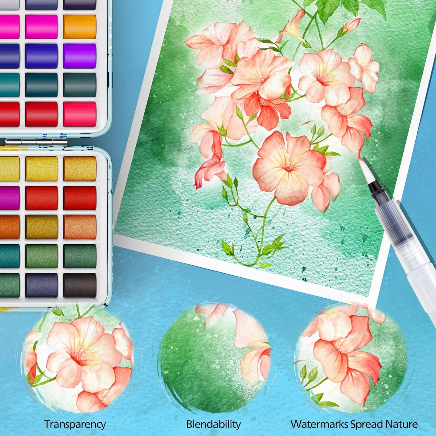 50 Colors Washable Watercolor Paint Set with 6 Brushes, Portable Travel Water Color Kit with Carrying Case, Palette and Accessories, Non-Toxic Art Supplies Gift for Artists Adult Teen Kids Girls Boys