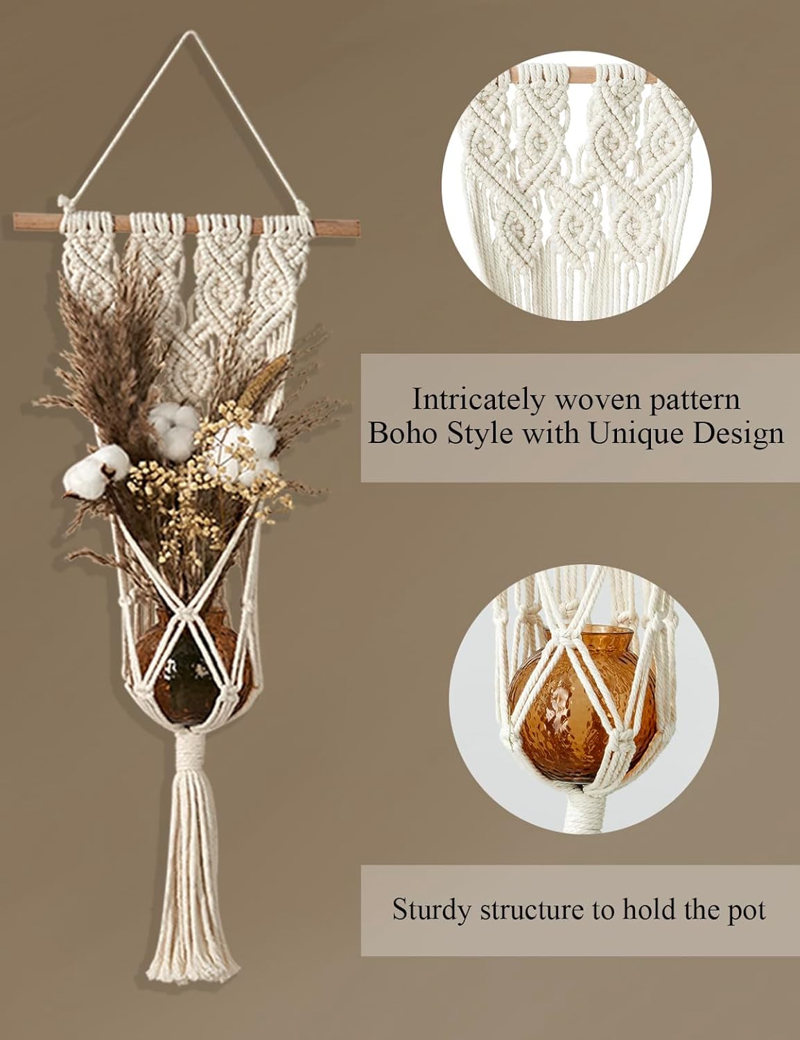 Macrame Plant Hanger, Hanging Wall Planters for Indoor Outdoor Plants, Hanging Planter Holder for Flower Pots &#x26; Baskets, Boho Macrame Wall Hanging Art Tapestry (Pots not Included)