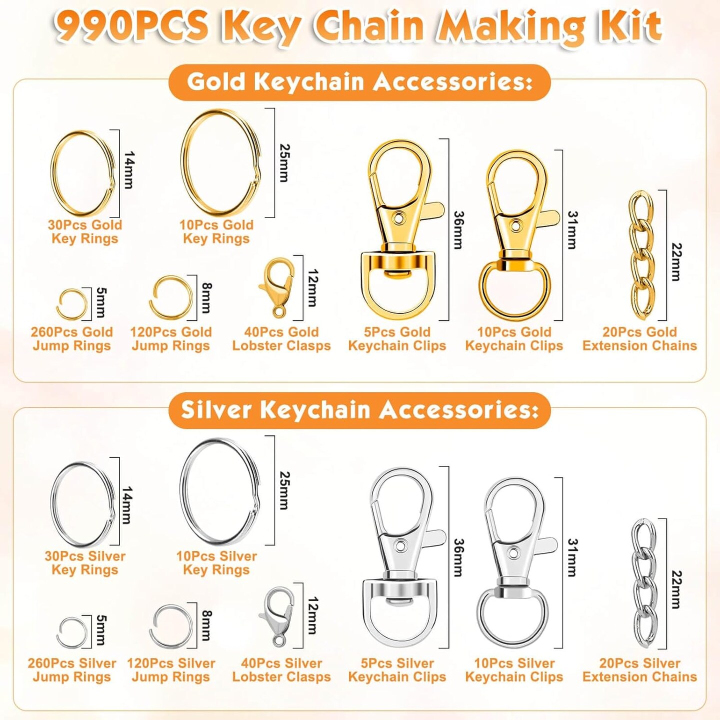 990PCS Keychain Making Kit, Keychain Craft Supplies Including Key Chain Hooks, Lobster Clasps, Key Rings and Jump Rings for Key Chain Making and Jewelry Making