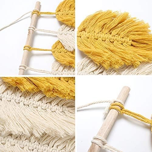 Handmade Macrame Wall Hanging Feather Boho Wall Decor Yellow Chic Woven Leaf Tassels Decoration Cotton Ornaments Tapestry Room Decor For Bedroom Living Room Apartment Porch Gifts for Teen Girl Women