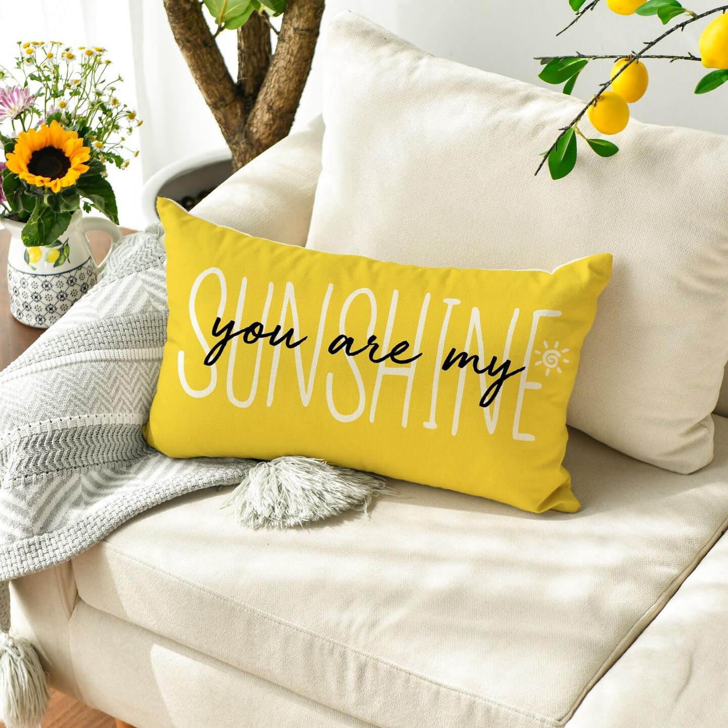 You are My Sunshine Summer Throw Pillow Cover, 12 x 20 Inch Yellow Cushion Case Decoration for Sofa Couch