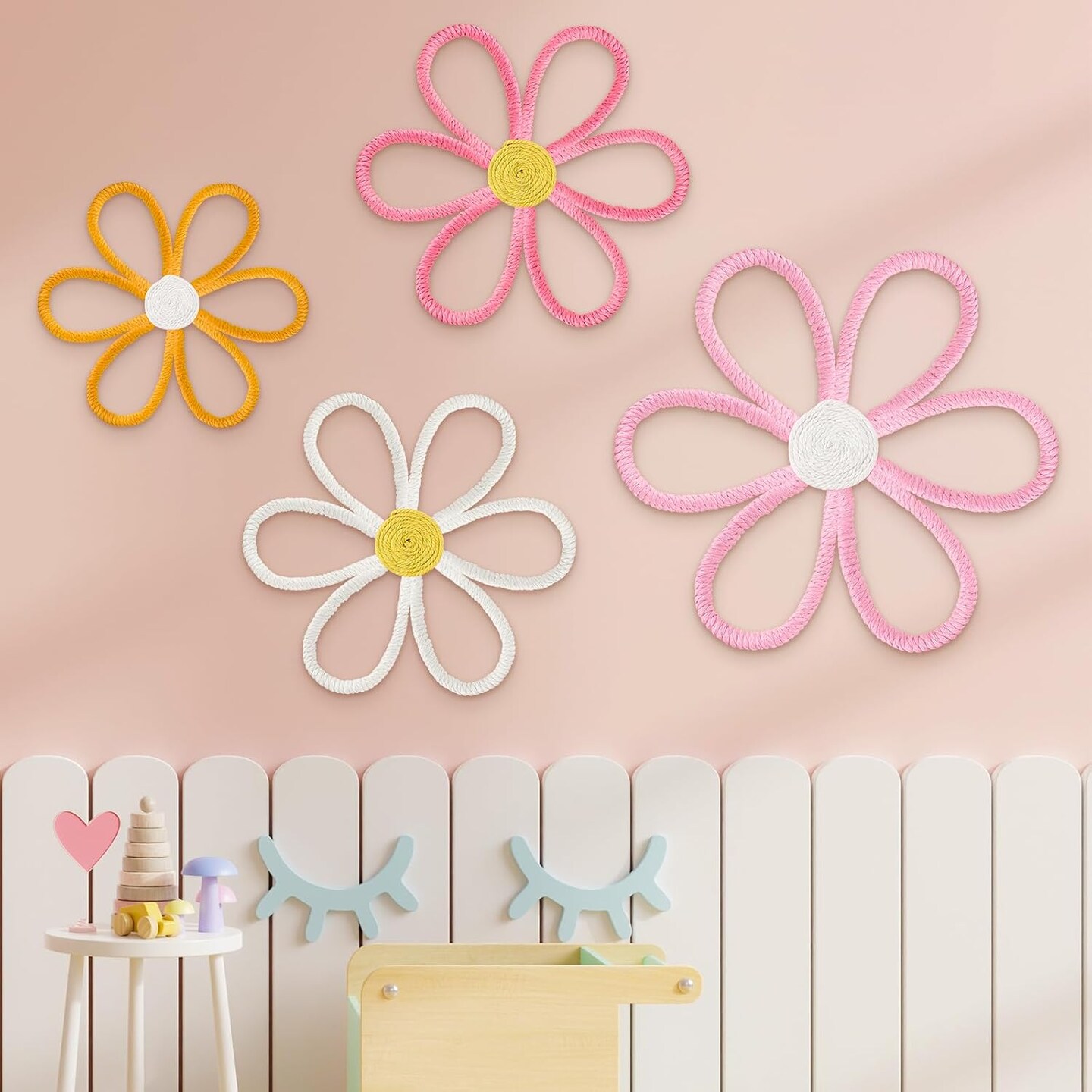 Boho Nursery Woven Daisy Wall Decor – Macramé Flower Hanging Set for Girls’ Rooms, Bohemian Nursery Art, Home or Bedroom Décor – Set of 4 (6-Petal Daisies)