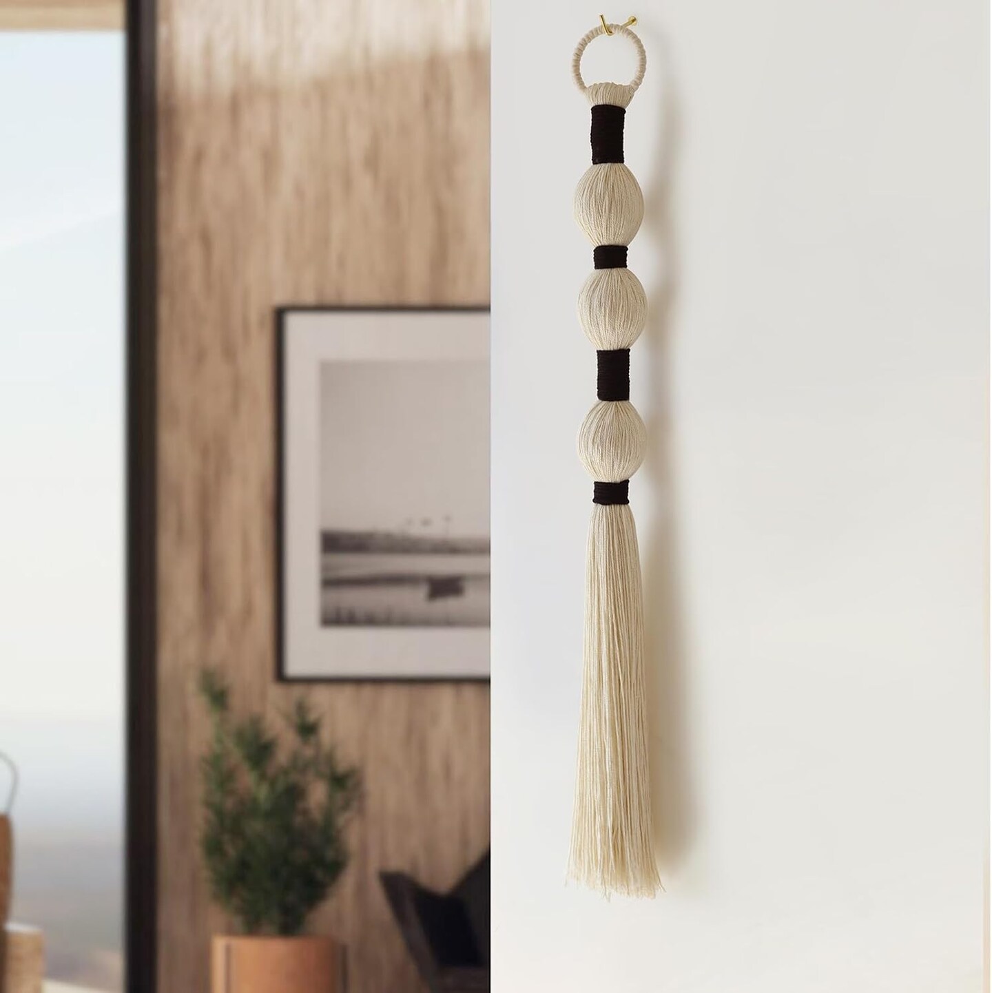 Macrame Wall Hanging Boho Wall Decor Small Sphericity Cotton Textile Tassel Wall Hanging Fiber Yarn Art For Living Room Bedroom 27&#x27;&#x27; L x 2.3&#x27;&#x27; W
