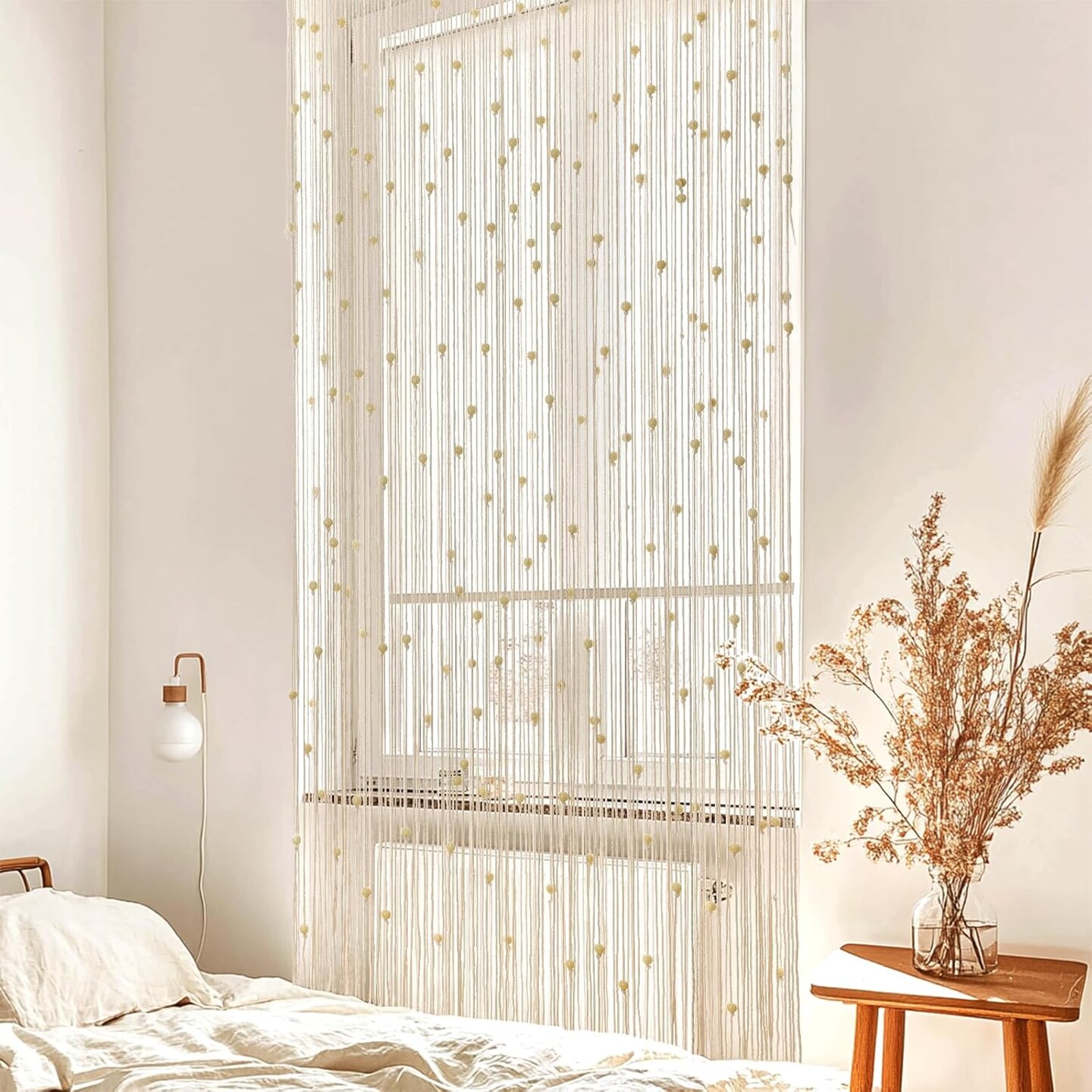 Boho Macrame Beaded Curtain Handmade Door Closet Curtain with Wooden Beads for Window Doorway Open Closet Bedroom Living Room Privacy Decor, 79&#x22; L x 36&#x22; W, White
