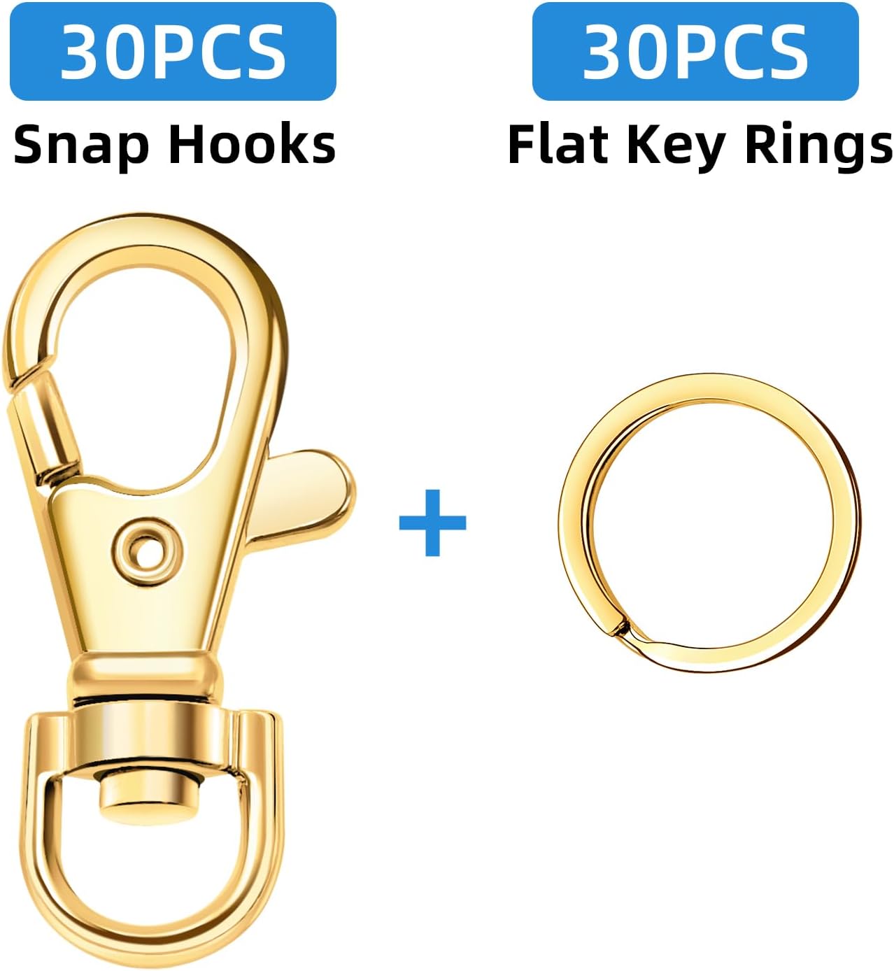 60PCS Metal Swivel Snap Hooks and Key Rings, 30PCS Lobster Claw Clasps and 30PCS Flat Key Rings for Key Chain Rings, Keychain Accessories, Keychain Rings Making kit (Golden)