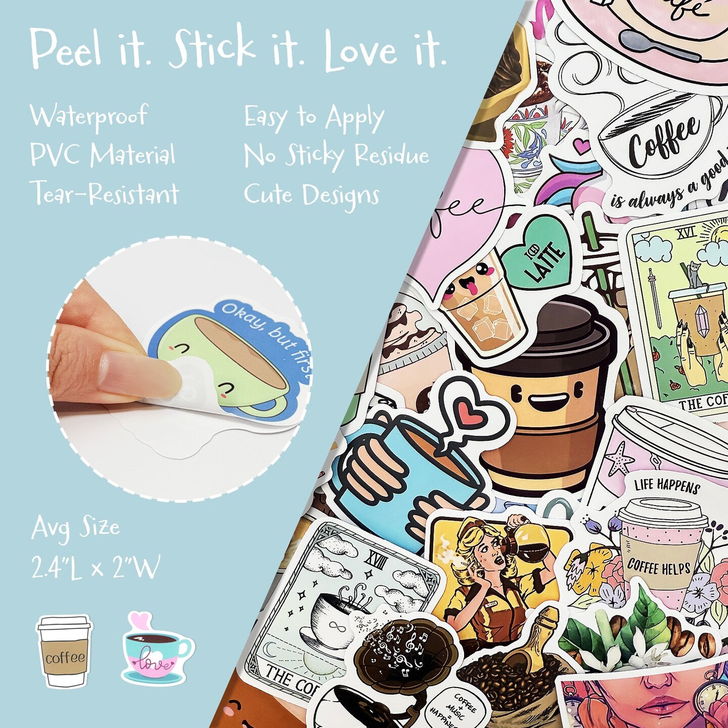 Wrapables Waterproof Vinyl Stickers for Water Bottles, Laptop, Phones, Skateboards, Decals for Teens, 100pcs, Coffee Time